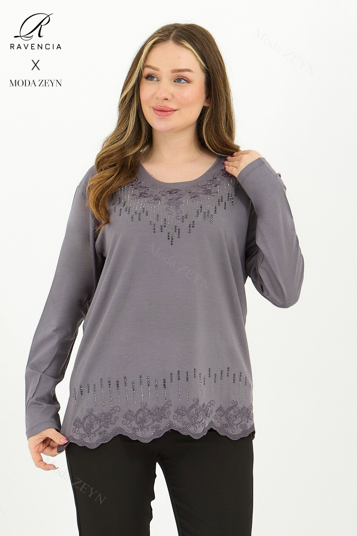 Kadın Damla Desen Taşlı İşlemeli Likralı Yırtmaçlı Viskon Anne Penye Bluz