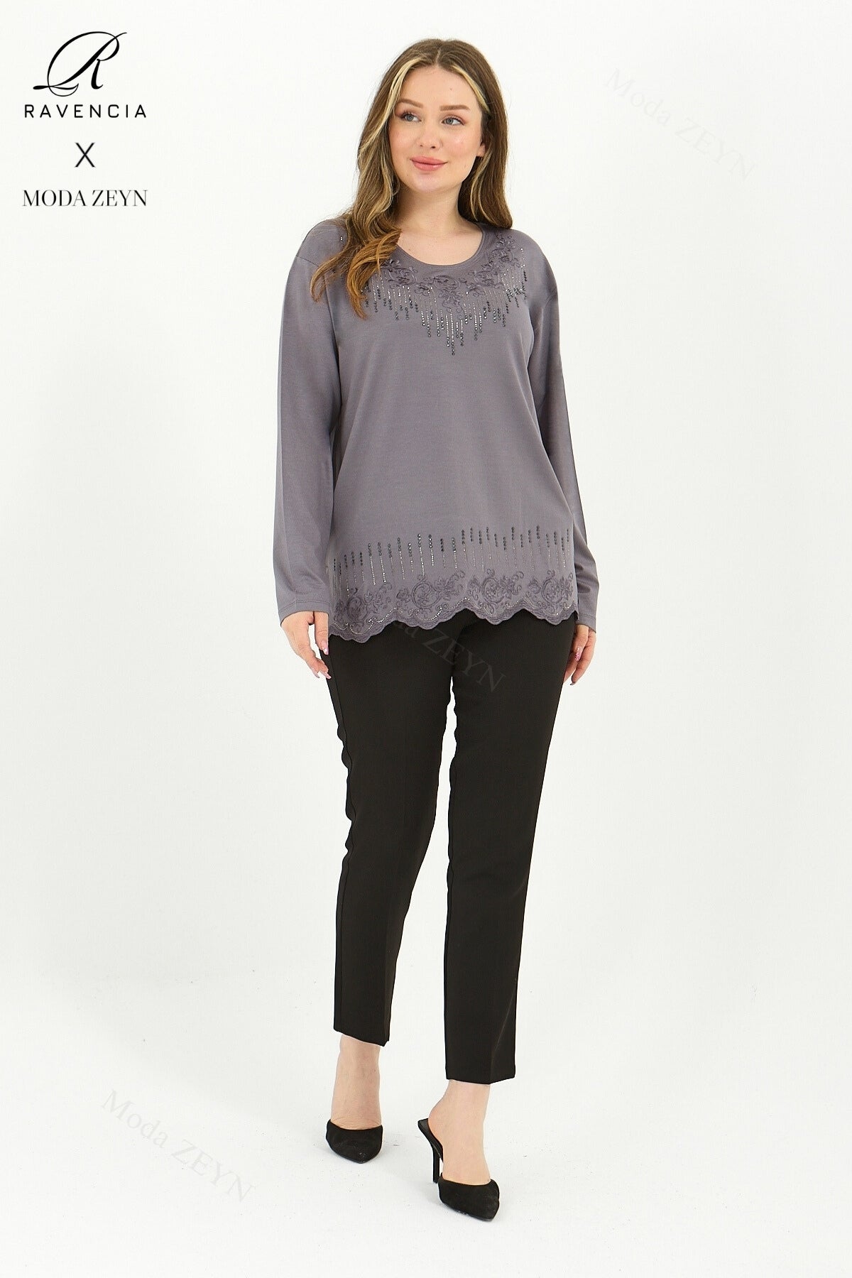 Kadın Damla Desen Taşlı İşlemeli Likralı Yırtmaçlı Viskon Anne Penye Bluz