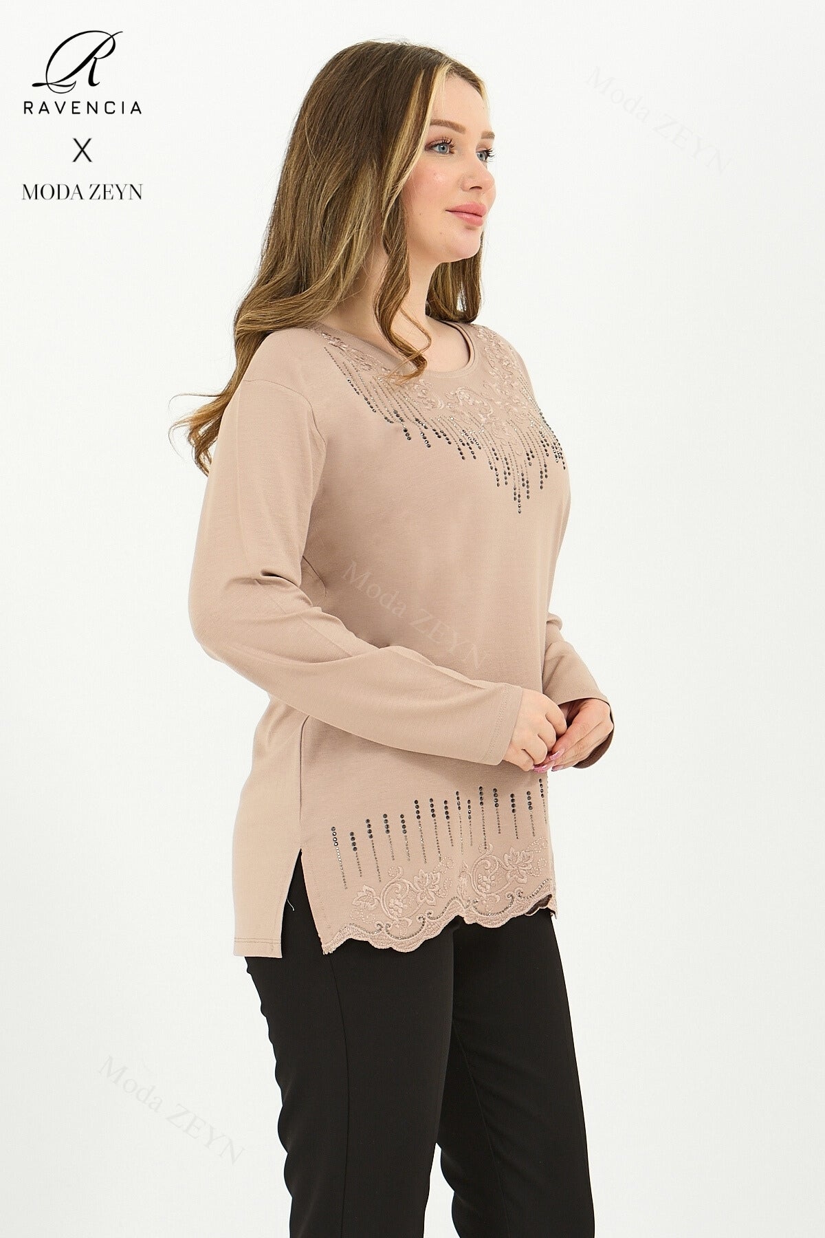 Kadın Damla Desen Taşlı İşlemeli Likralı Yırtmaçlı Viskon Anne Penye Bluz