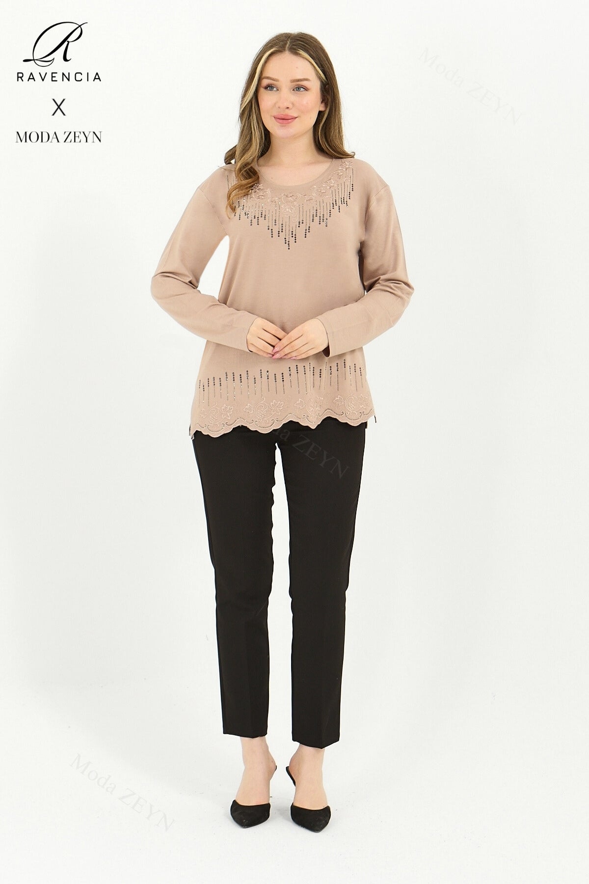 Kadın Damla Desen Taşlı İşlemeli Likralı Yırtmaçlı Viskon Anne Penye Bluz