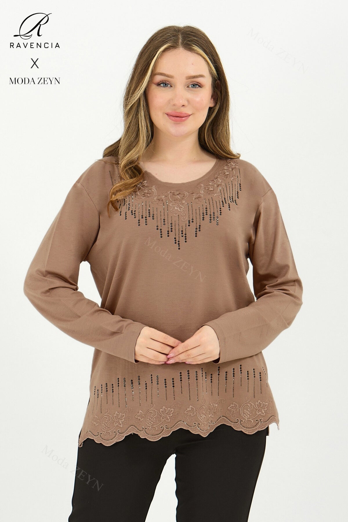 Kadın Orta Yaş Ve Üzeri Viskon Damla Yaprak Desen Taşlı Işlemeli Likralı Zümrüt Anne Penye Bluz