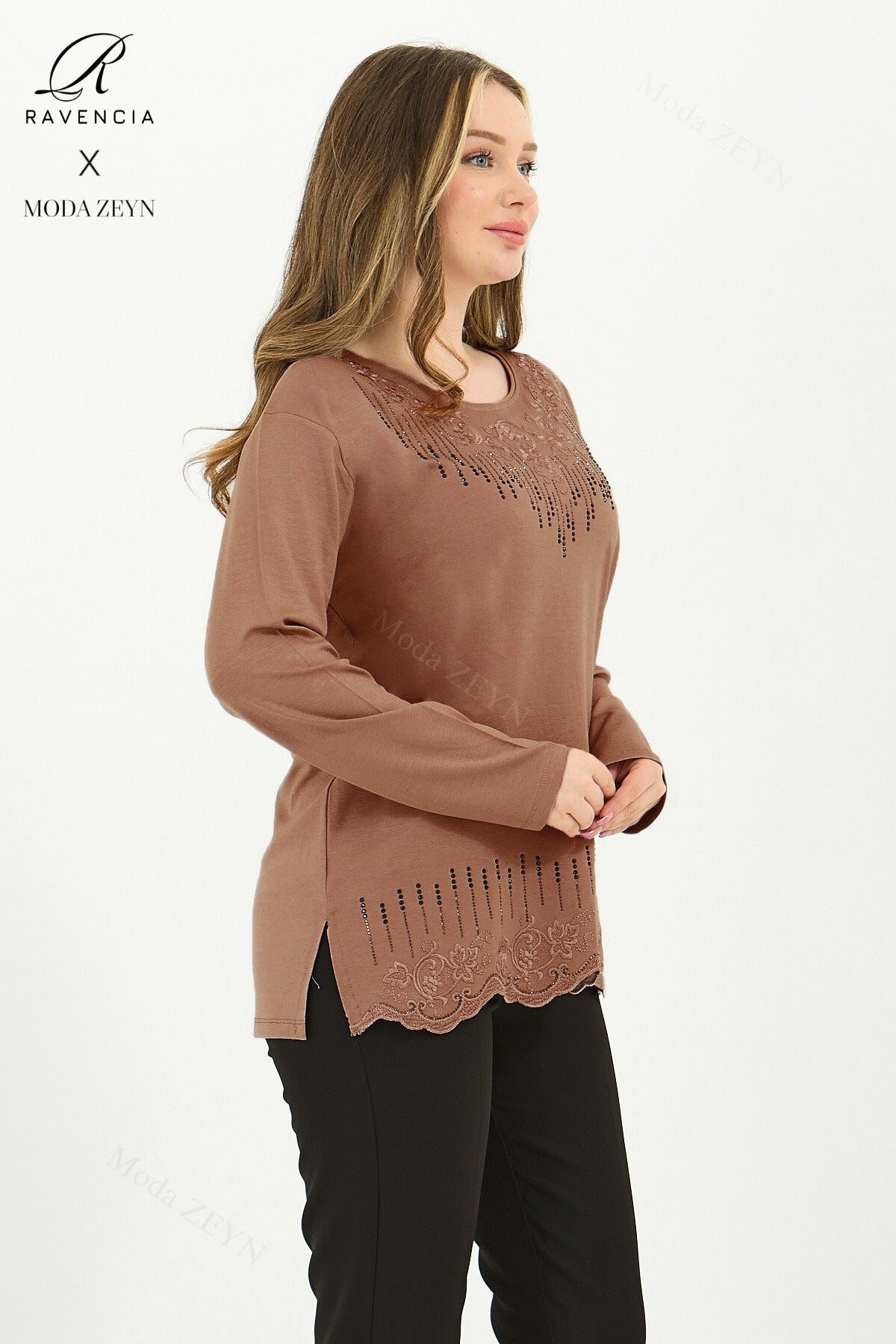 Kadın Damla Desen Taşlı İşlemeli Likralı Yırtmaçlı Viskon Anne Penye Bluz