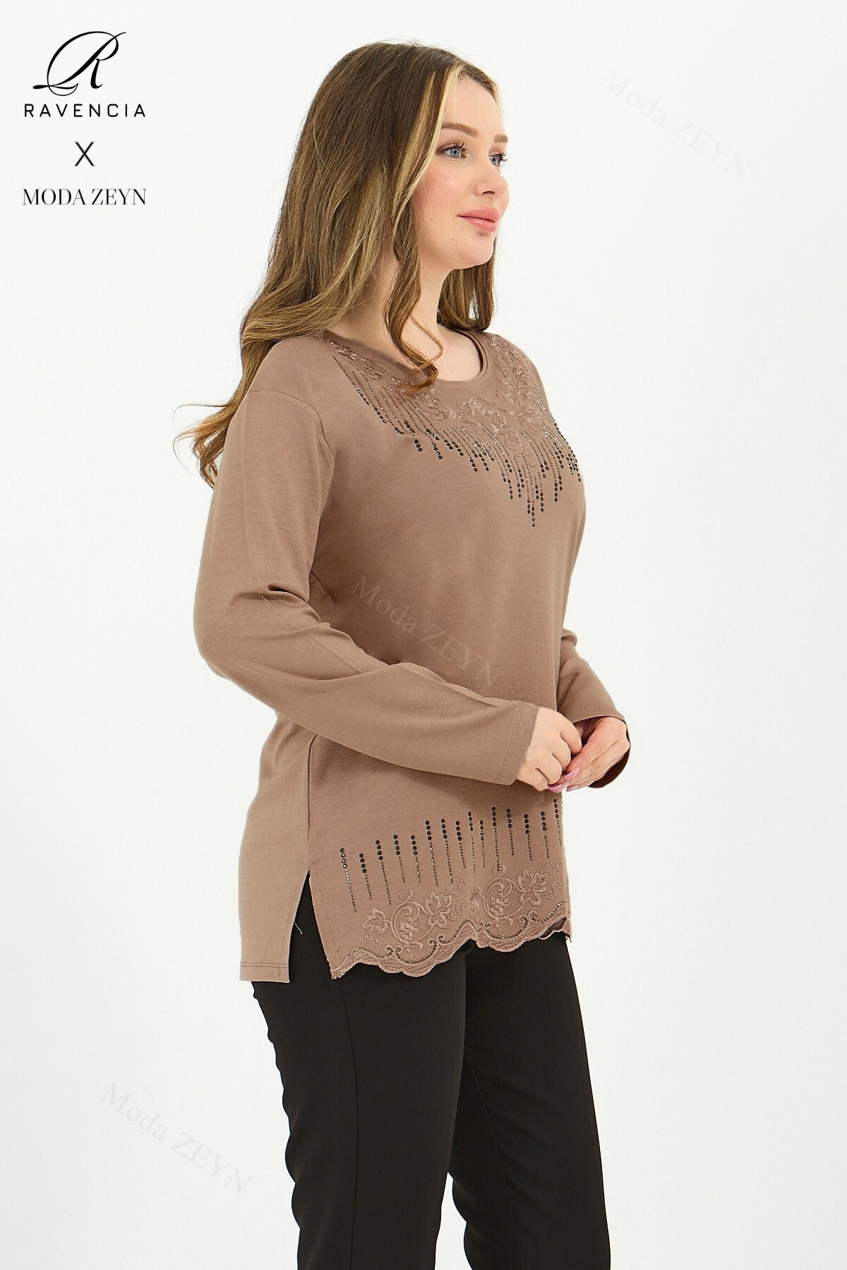 Kadın Orta Yaş Ve Üzeri Viskon Damla Yaprak Desen Taşlı Işlemeli Likralı Zümrüt Anne Penye Bluz