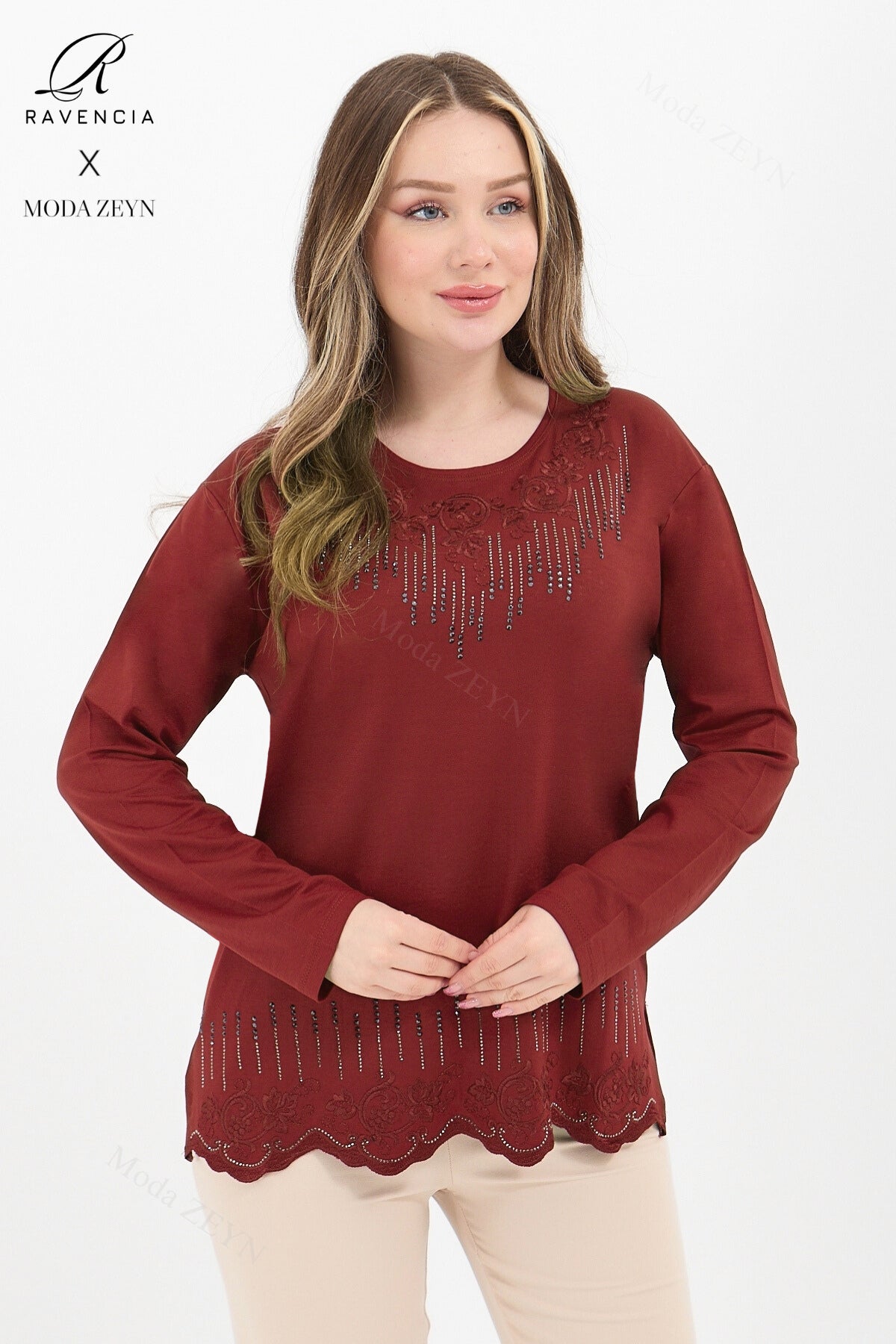 Kadın Orta Yaş Ve Üzeri Viskon Damla Yaprak Desen Taşlı Işlemeli Likralı Zümrüt Anne Penye Bluz