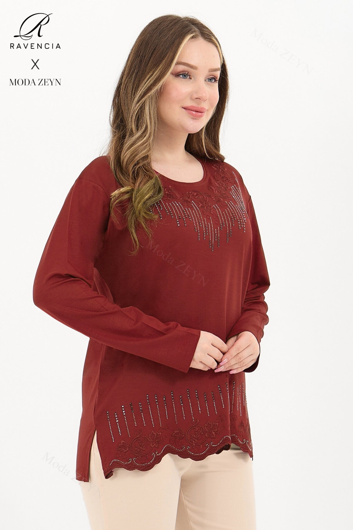 Kadın Orta Yaş Ve Üzeri Viskon Damla Yaprak Desen Taşlı Işlemeli Likralı Zümrüt Anne Penye Bluz