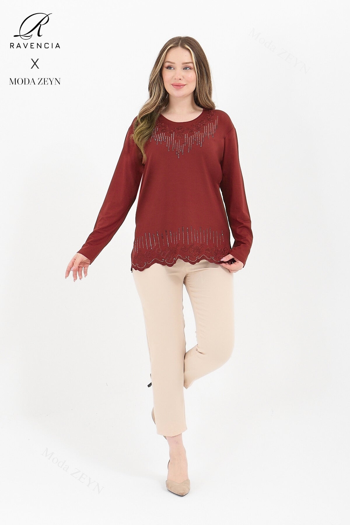 Kadın Orta Yaş Ve Üzeri Viskon Damla Yaprak Desen Taşlı Işlemeli Likralı Zümrüt Anne Penye Bluz