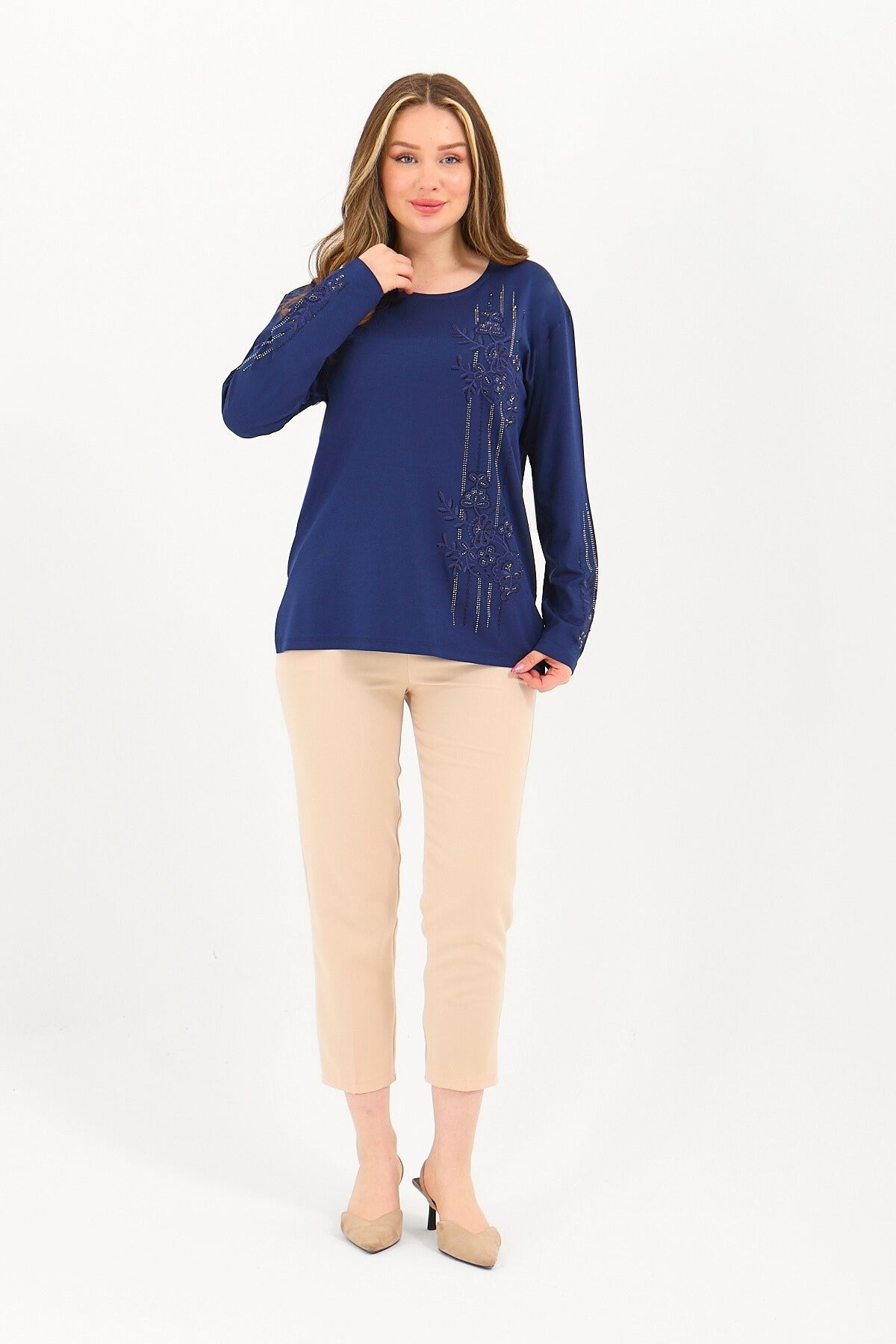 Kadın Kışlık Orta Yaş Ve Üzeri Viskon Şerit Desen Taşlı Işlemeli Likralı Anne Penye Bluz