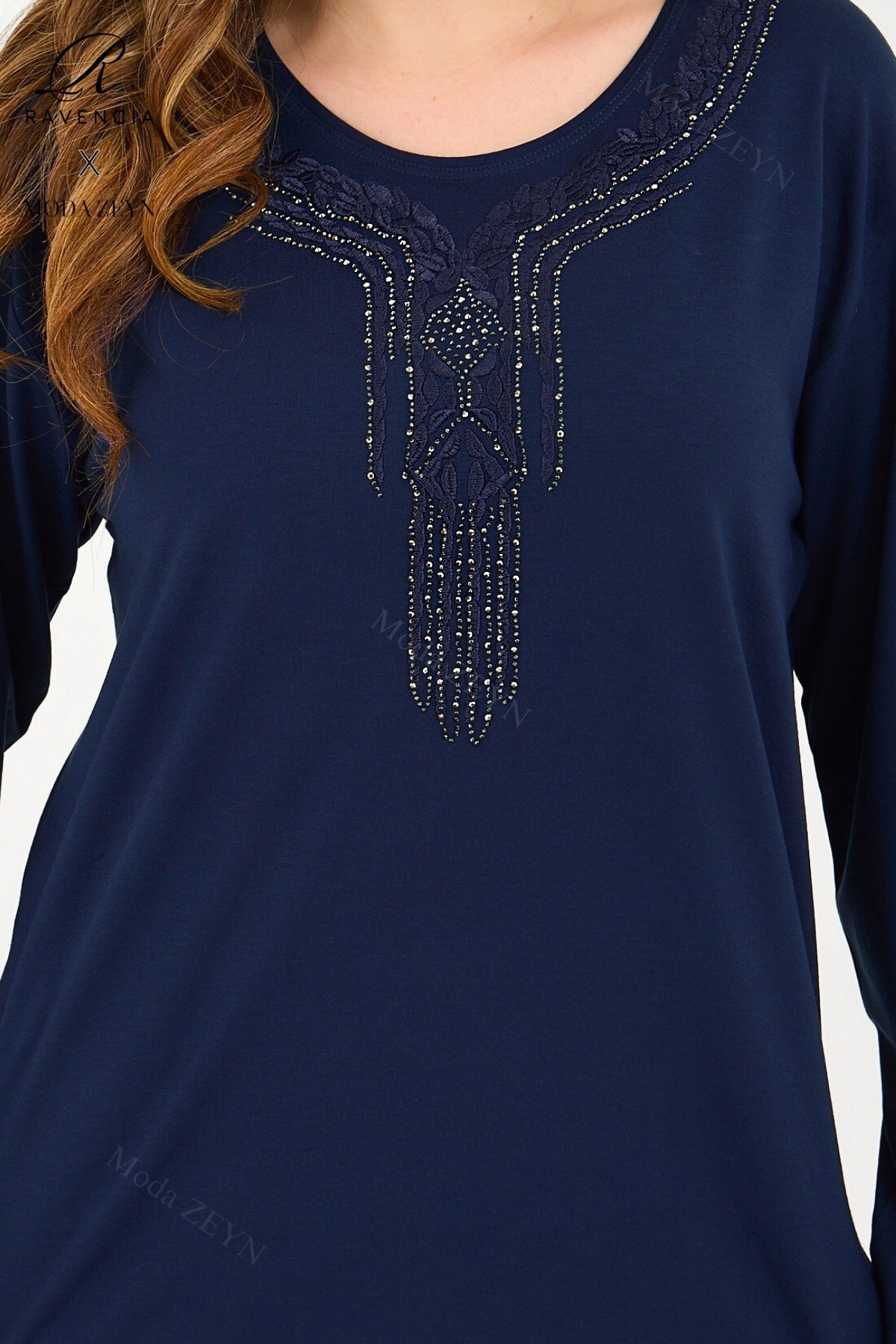 Kadın Orta Yaş Ve Üzeri Viskon Madolyon Desen Taşlı Işlemeli Likralı Anne Penye Bluz