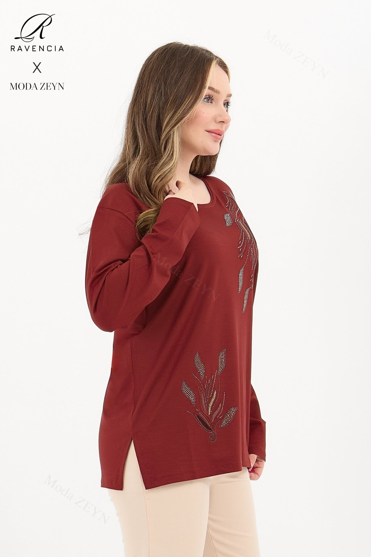 Kadın Orta Yaş Ve Üzeri Viskon Renkli Yaprak Desen Taşlı İşlemeli Likralı Anne Penye Bluz