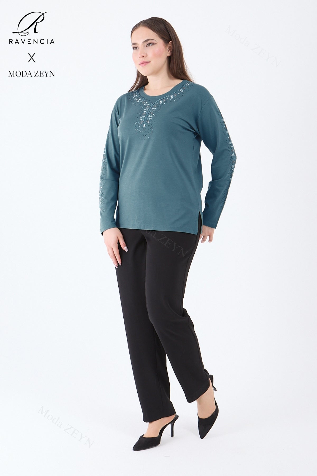 Kadın Orta Yaş Ve Üzeri Viskon Şerit Çiçek Desen Taşlı Işlemeli Likralı Koyu Kahverengi Anne Penye B