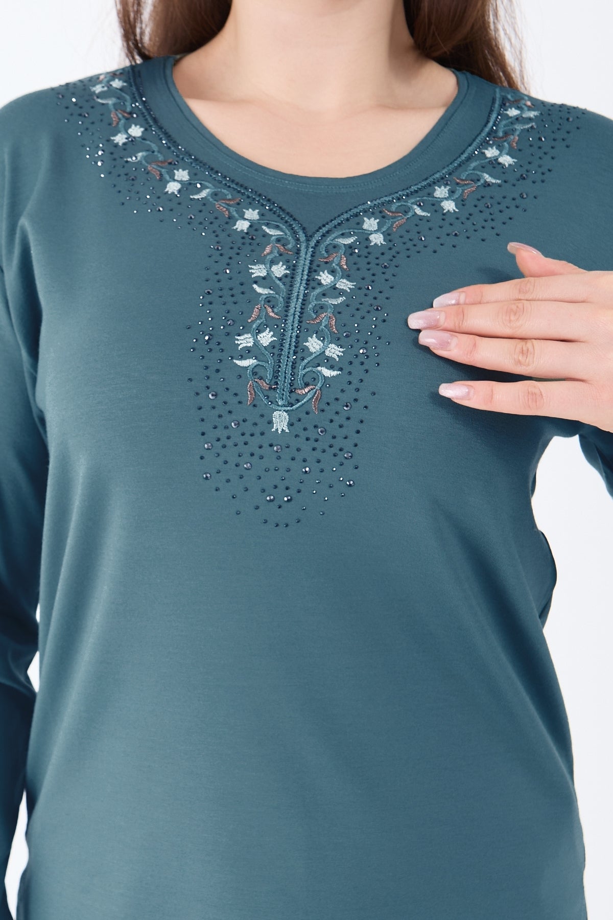 Kadın Orta Yaş Ve Üzeri Viskon Şerit Çiçek Desen Taşlı Işlemeli Likralı Koyu Kahverengi Anne Penye B