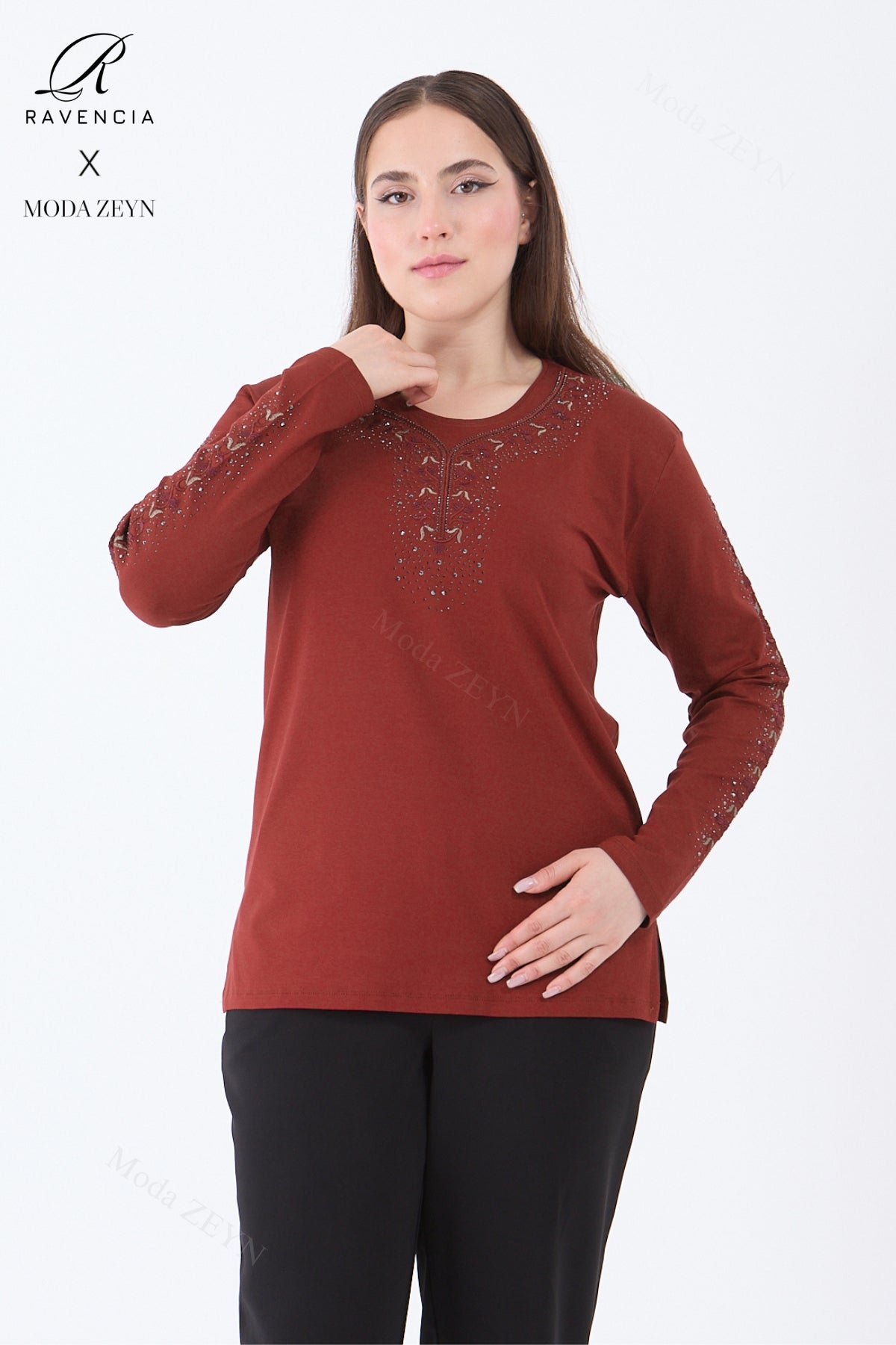 Kadın Orta Yaş Ve Üzeri Viskon Şerit Çiçek Desen Taşlı Işlemeli Likralı Koyu Kahverengi Anne Penye B