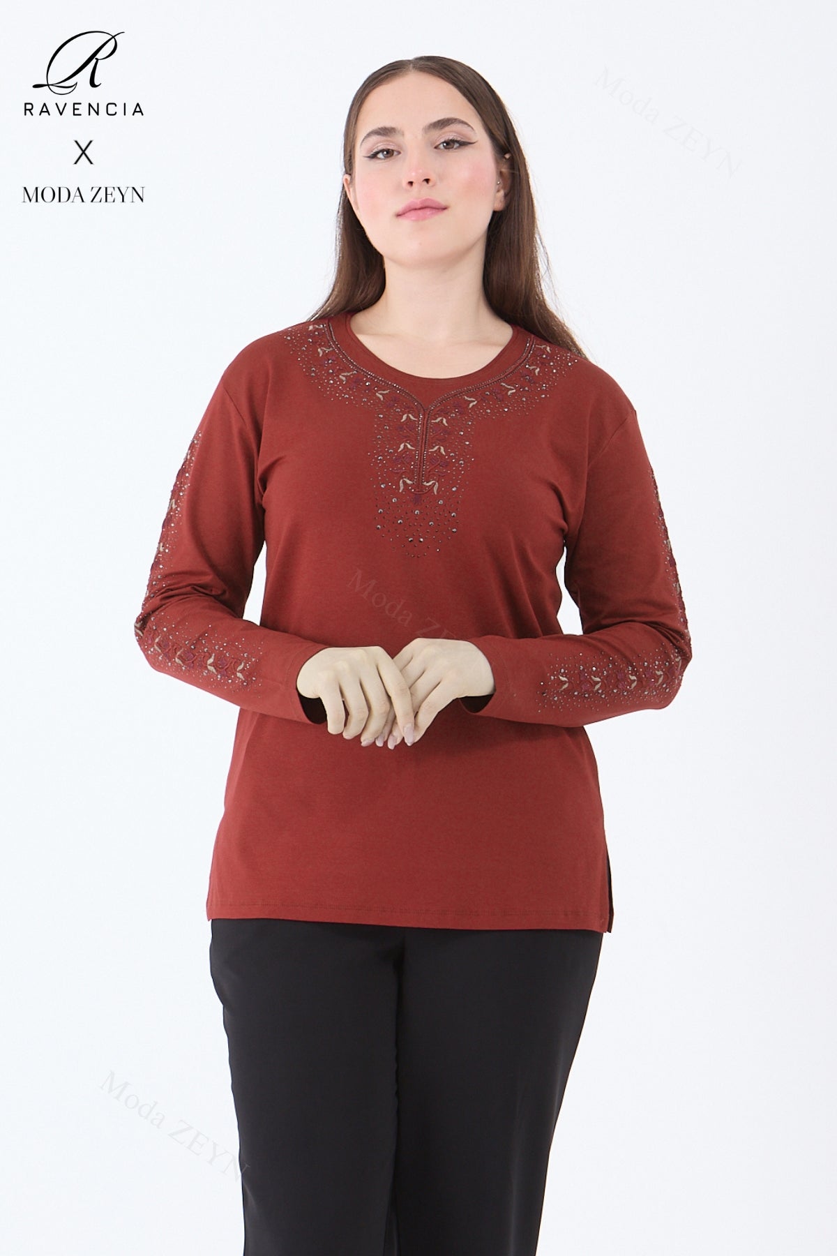 Kadın Orta Yaş Ve Üzeri Viskon Şerit Çiçek Desen Taşlı Işlemeli Likralı Koyu Kahverengi Anne Penye B