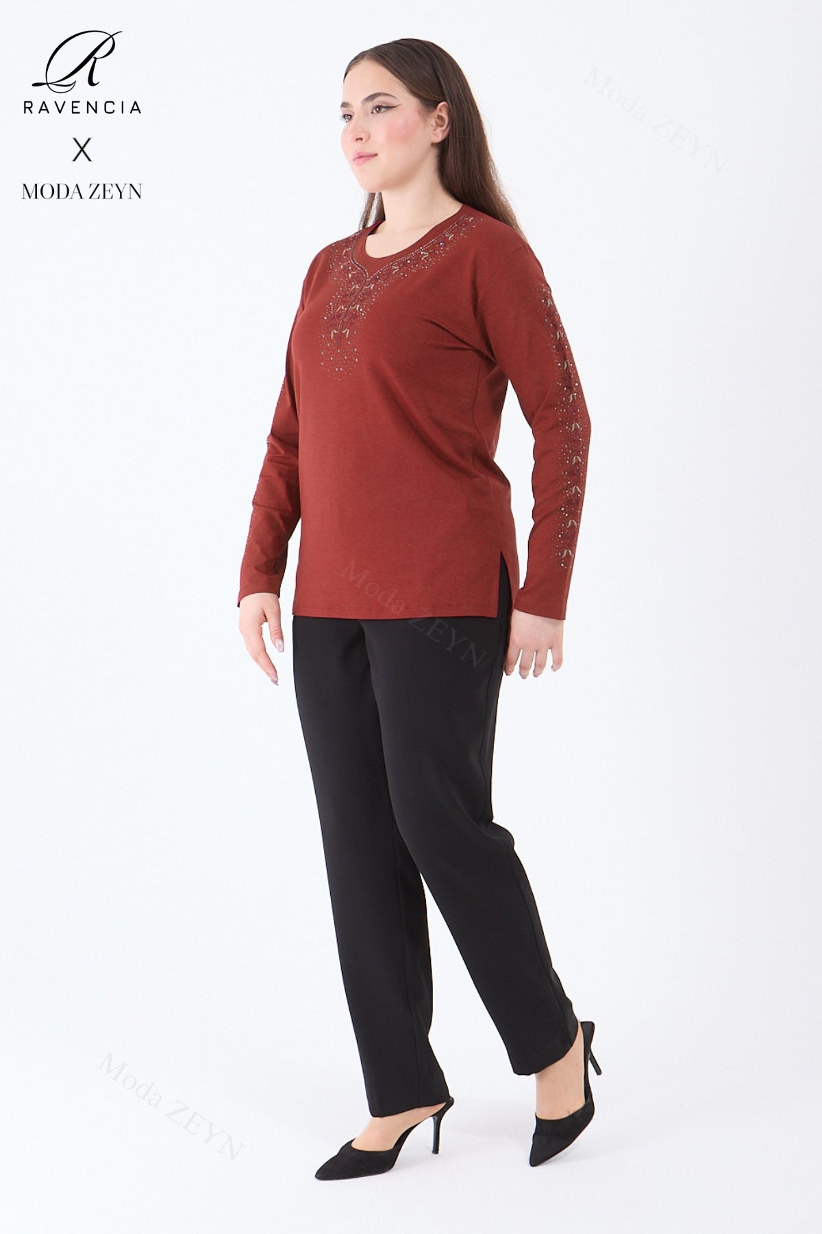 Kadın Orta Yaş Ve Üzeri Viskon Şerit Çiçek Desen Taşlı Işlemeli Likralı Koyu Kahverengi Anne Penye B