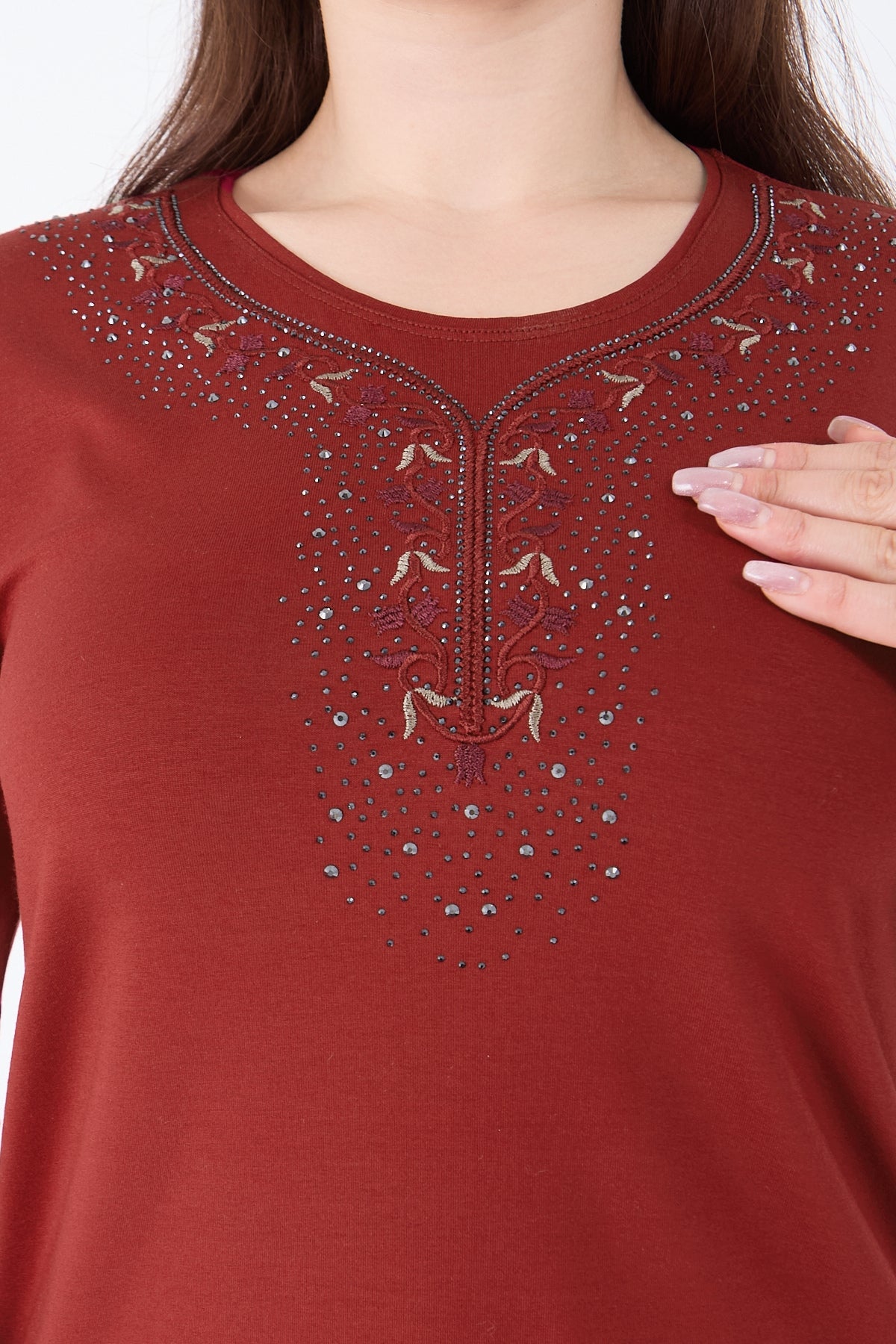 Kadın Orta Yaş Ve Üzeri Viskon Şerit Çiçek Desen Taşlı Işlemeli Likralı Koyu Kahverengi Anne Penye B