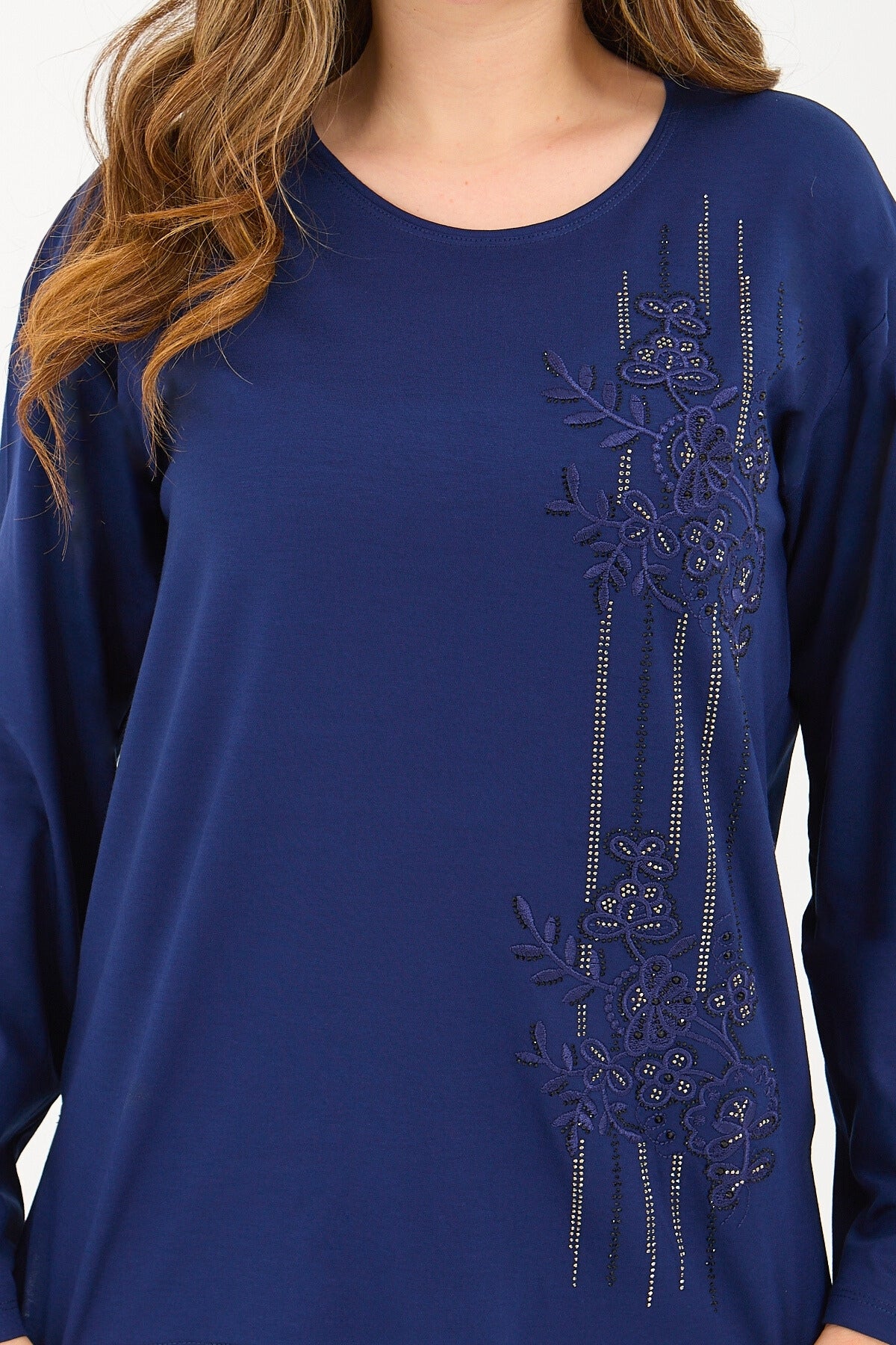 Kadın Kışlık Orta Yaş Ve Üzeri Viskon Şerit Desen Taşlı Işlemeli Likralı Anne Penye Bluz