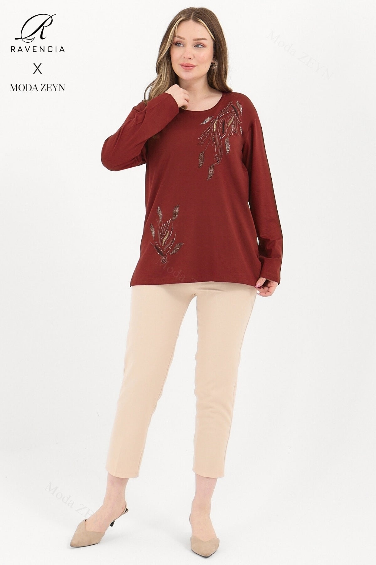 Kadın Viskon Renkli Yaprak Desen Taşlı İşlemeli Likralı Anne Penye Bluz