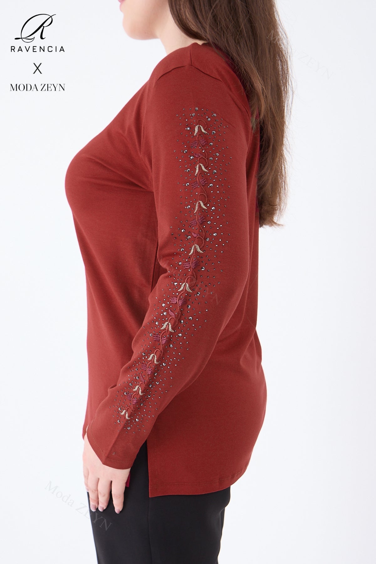 Kadın Orta Yaş Ve Üzeri Viskon Şerit Çiçek Desen Taşlı Işlemeli Likralı Koyu Kahverengi Anne Penye B