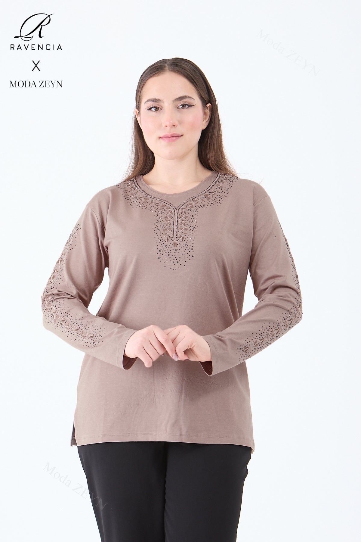 Kadın Orta Yaş Ve Üzeri Viskon Şerit Çiçek Desen Taşlı Işlemeli Likralı Koyu Kahverengi Anne Penye B