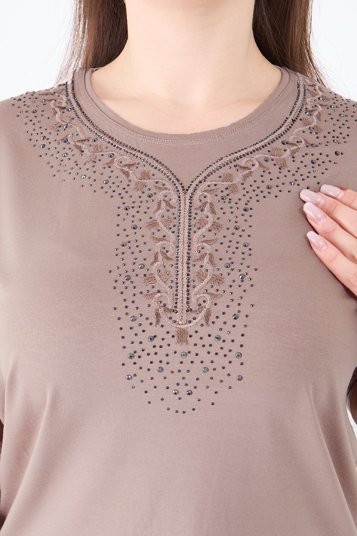 Kadın Orta Yaş Ve Üzeri Viskon Şerit Çiçek Desen Taşlı Işlemeli Likralı Koyu Kahverengi Anne Penye B