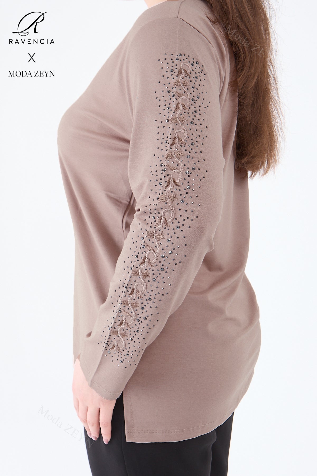 Kadın Orta Yaş Ve Üzeri Viskon Şerit Çiçek Desen Taşlı Işlemeli Likralı Koyu Kahverengi Anne Penye B