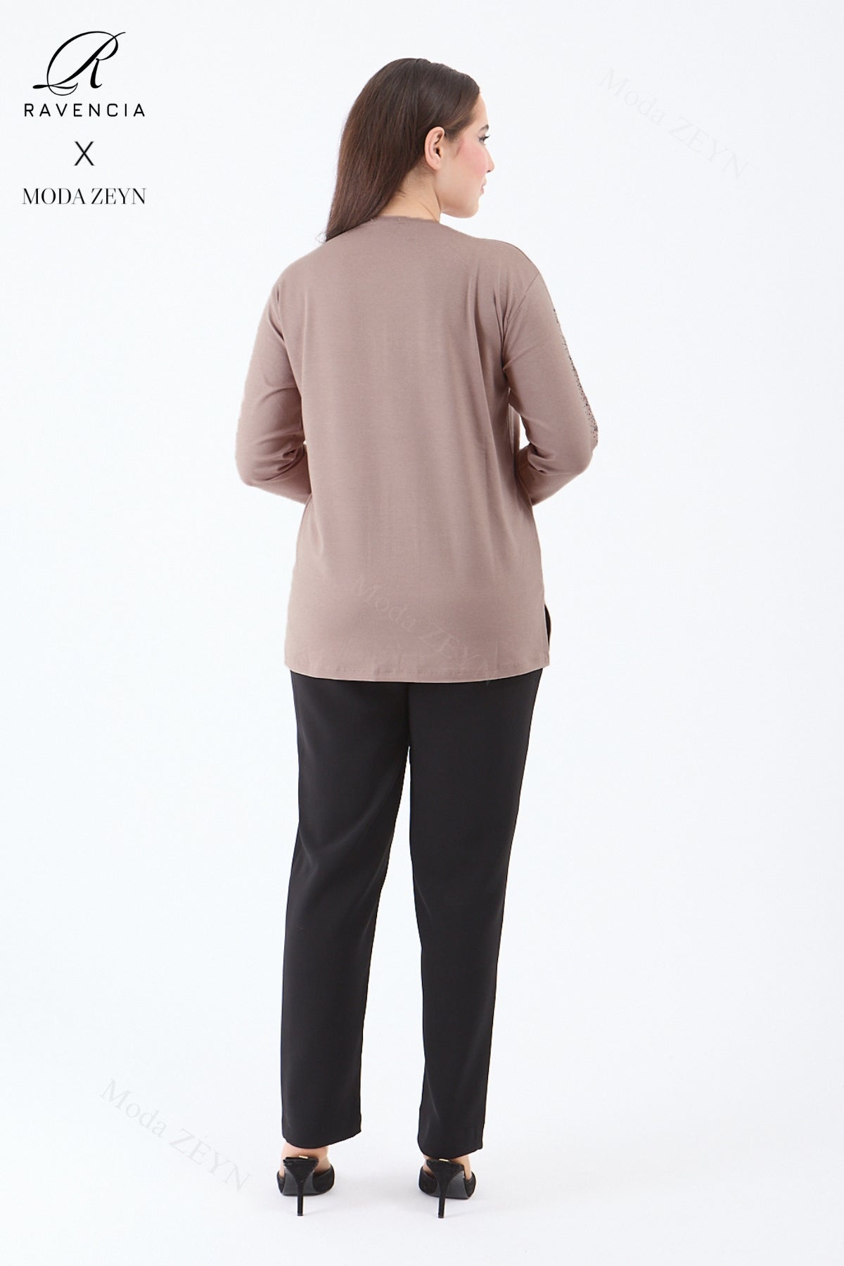 Kadın Orta Yaş Ve Üzeri Viskon Şerit Çiçek Desen Taşlı Işlemeli Likralı Koyu Kahverengi Anne Penye B