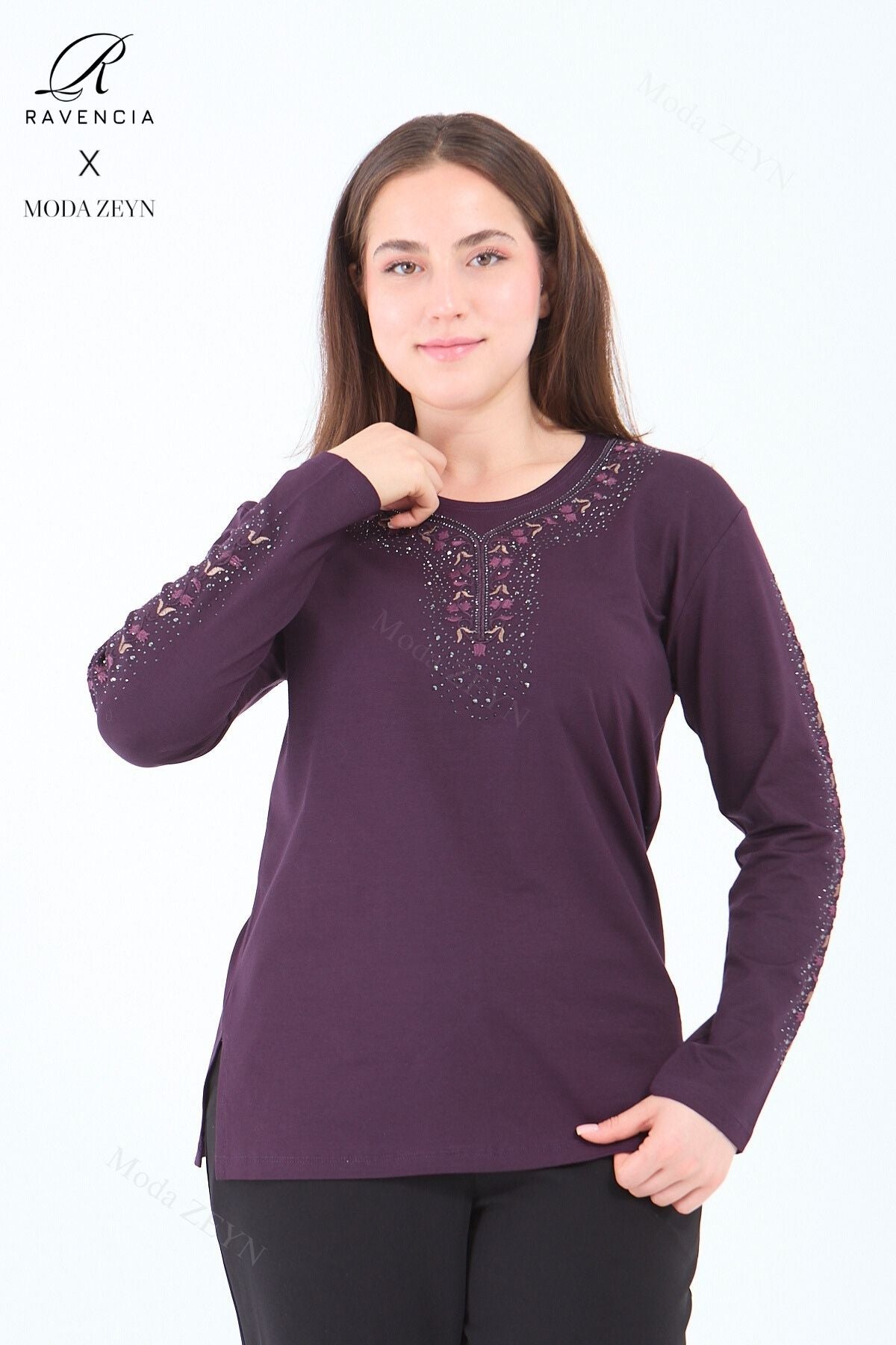 Kadın Orta Yaş Ve Üzeri Viskon Şerit Çiçek Desen Taşlı Işlemeli Likralı Koyu Kahverengi Anne Penye B