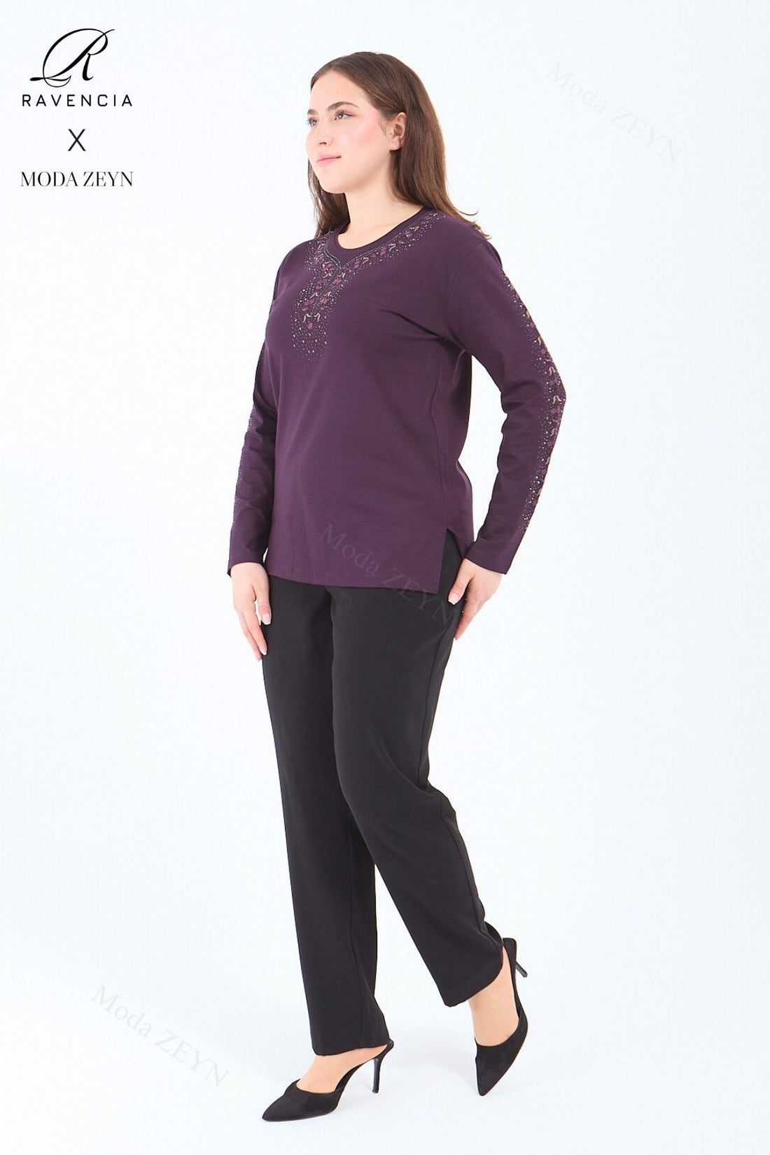 Kadın Orta Yaş Ve Üzeri Viskon Şerit Çiçek Desen Taşlı Işlemeli Likralı Koyu Kahverengi Anne Penye B