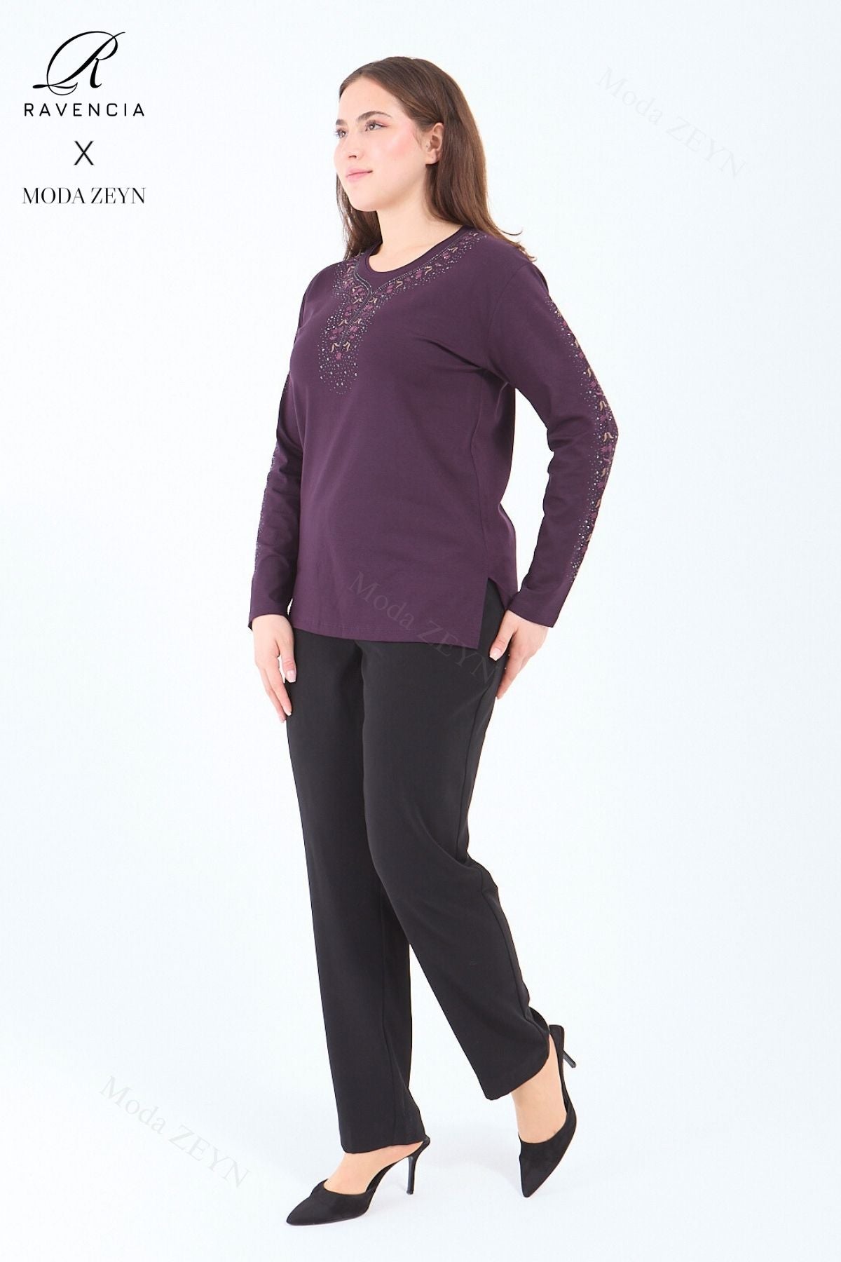 Kadın Orta Yaş Ve Üzeri Viskon Şerit Çiçek Desen Taşlı Işlemeli Likralı Koyu Kahverengi Anne Penye B