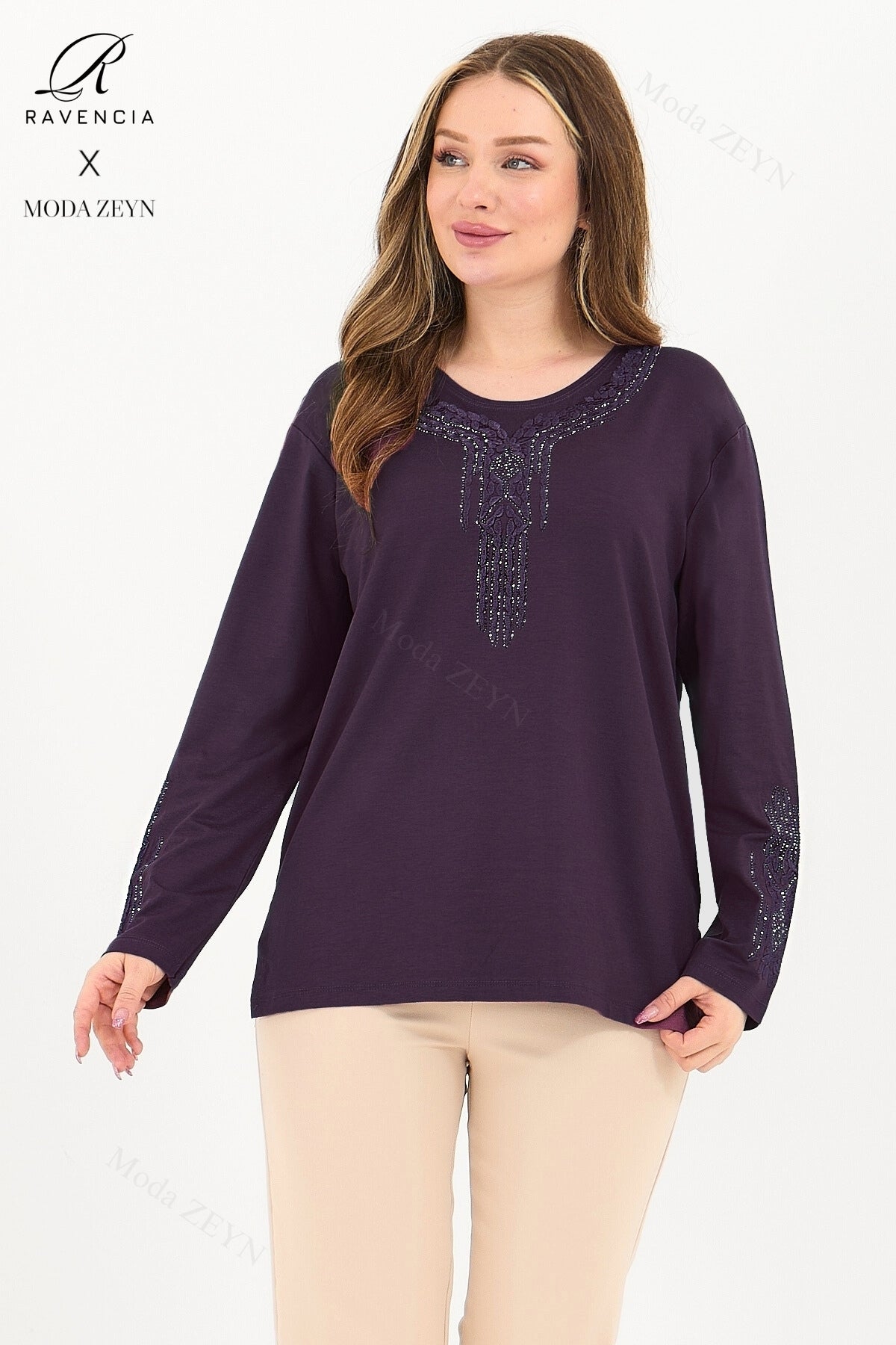 Kadın Orta Yaş Ve Üzeri Viskon Madolyon Desen Taşlı Işlemeli Likralı Anne Penye Bluz