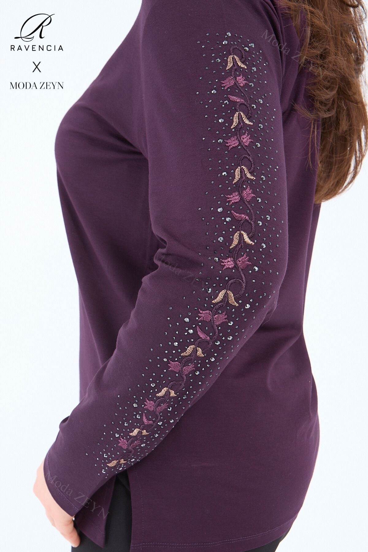 Kadın Orta Yaş Ve Üzeri Viskon Şerit Çiçek Desen Taşlı Işlemeli Likralı Koyu Kahverengi Anne Penye B