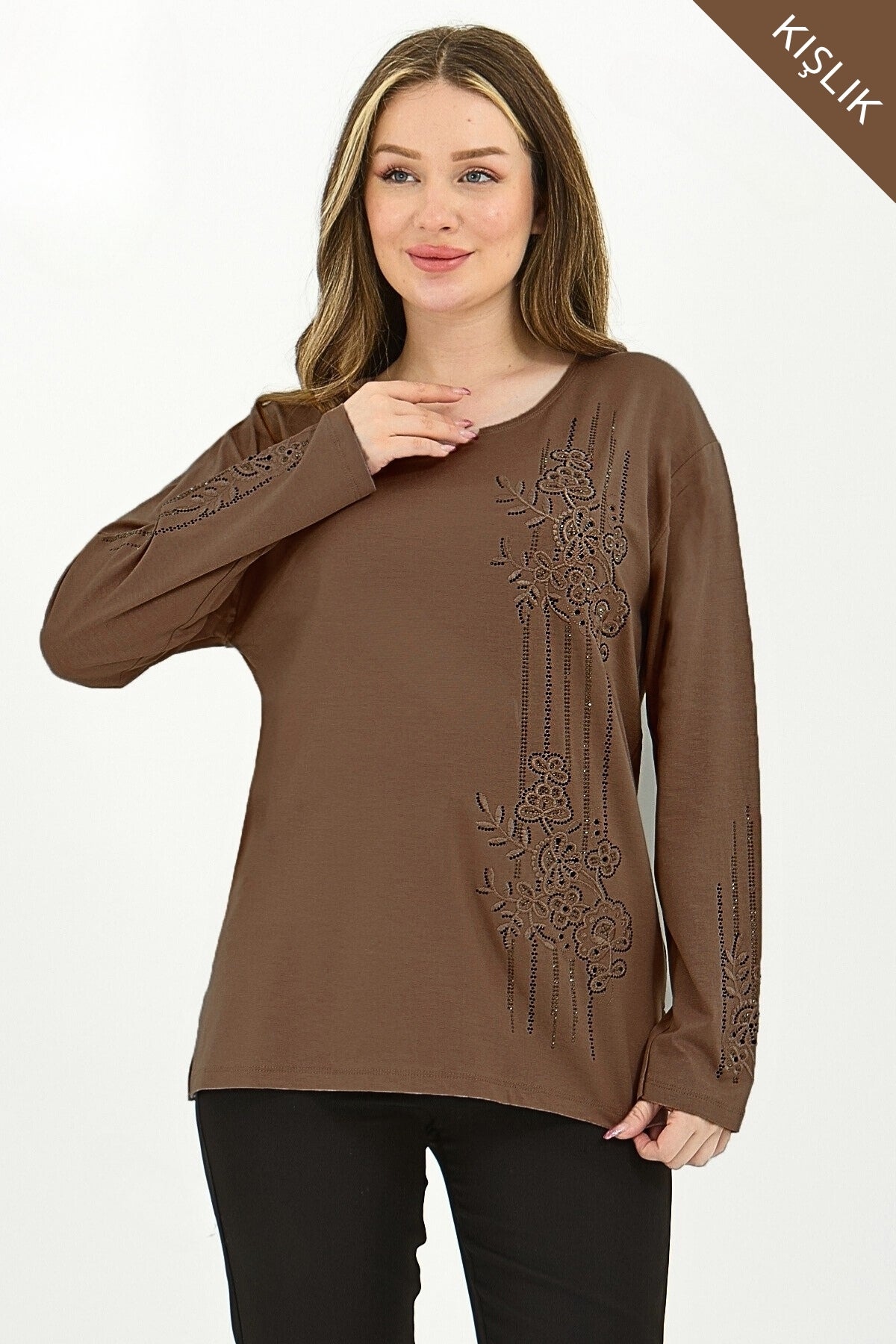 Kadın Kışlık Orta Yaş Ve Üzeri Viskon Şerit Desen Taşlı Işlemeli Likralı Anne Penye Bluz