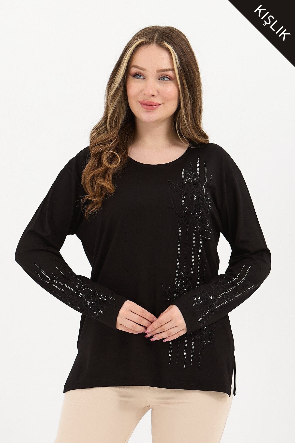 Kadın Kışlık Orta Yaş Ve Üzeri Viskon Şerit Desen Taşlı Işlemeli Likralı Anne Penye Bluz