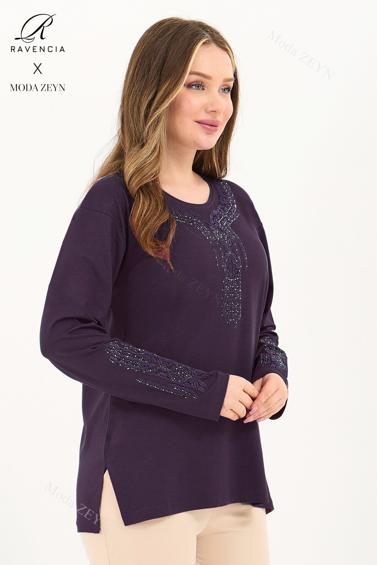 Kadın Orta Yaş Ve Üzeri Viskon Madolyon Desen Taşlı Işlemeli Likralı Anne Penye Bluz