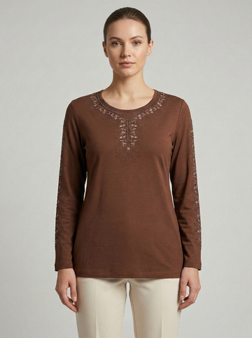 Kadın Şerit Çiçek Desen Taşlı Işlemeli Yırtmaçlı Likralı Viskon Anne Penye Bluz