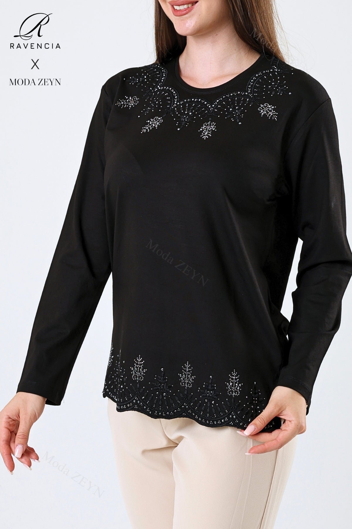 Kadın Orta Yaş Ve Üzeri Viskon Yaprak Desenli Eteği Yakası Taşlı Işlemeli Likralı Zümrüt Anne Penye