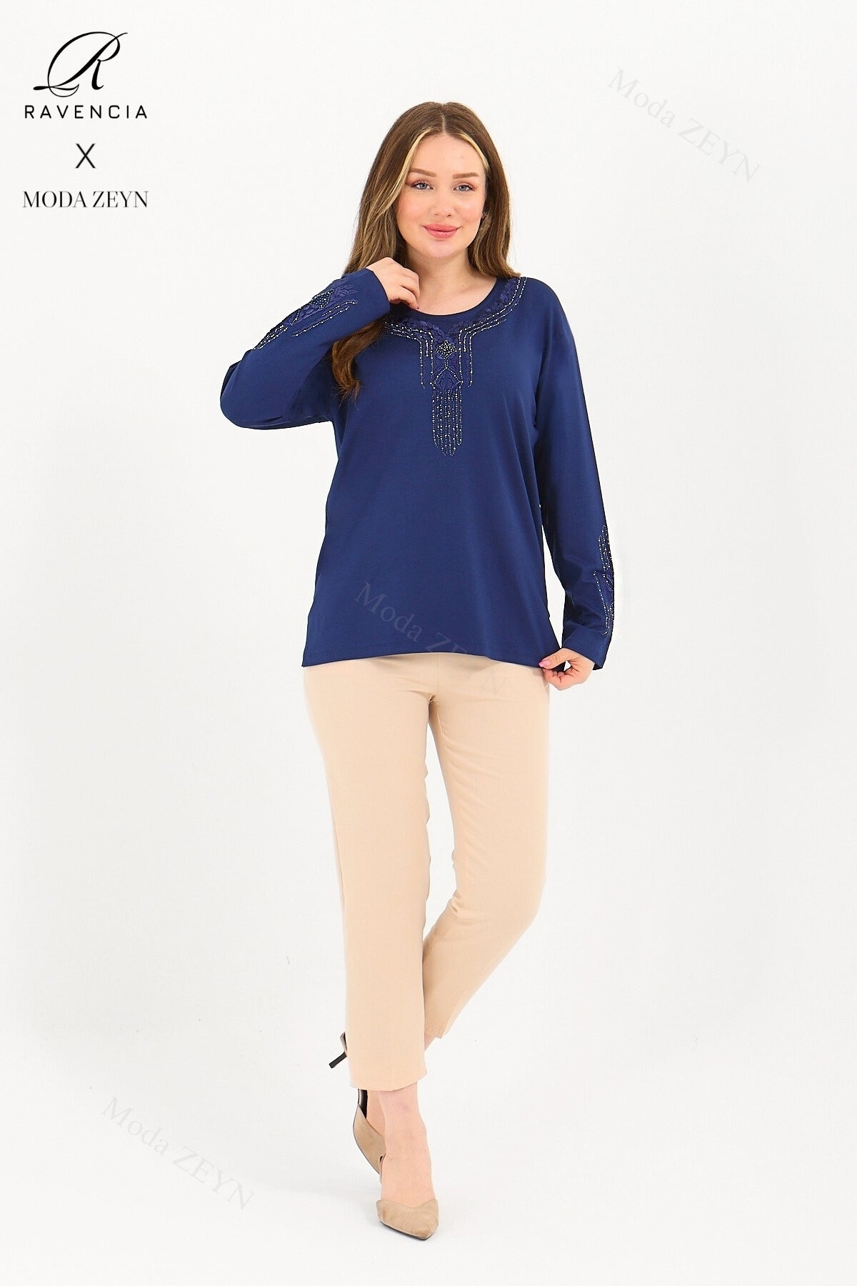 Kadın Orta Yaş Ve Üzeri Viskon Madolyon Desen Taşlı Işlemeli Likralı Anne Penye Bluz