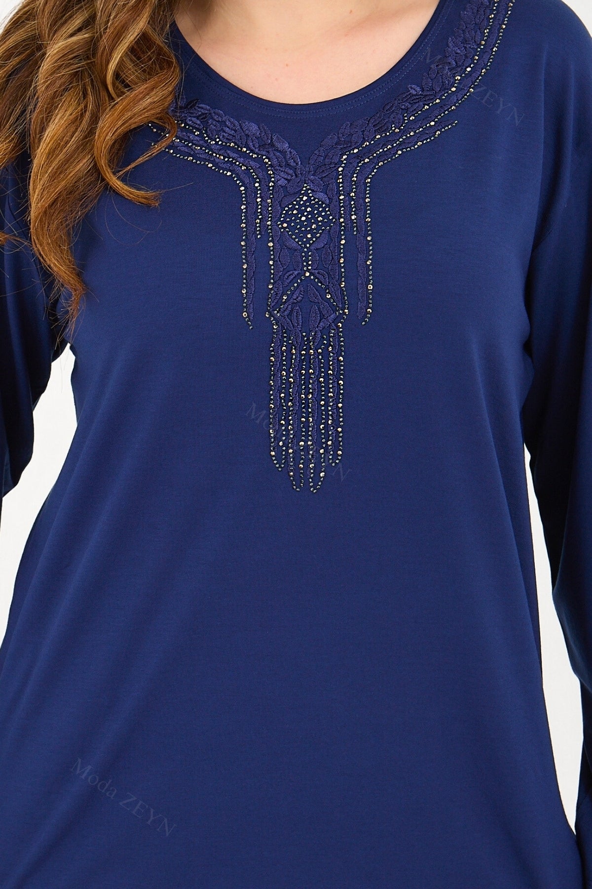 Kadın Orta Yaş Ve Üzeri Viskon Madolyon Desen Taşlı Işlemeli Likralı Anne Penye Bluz