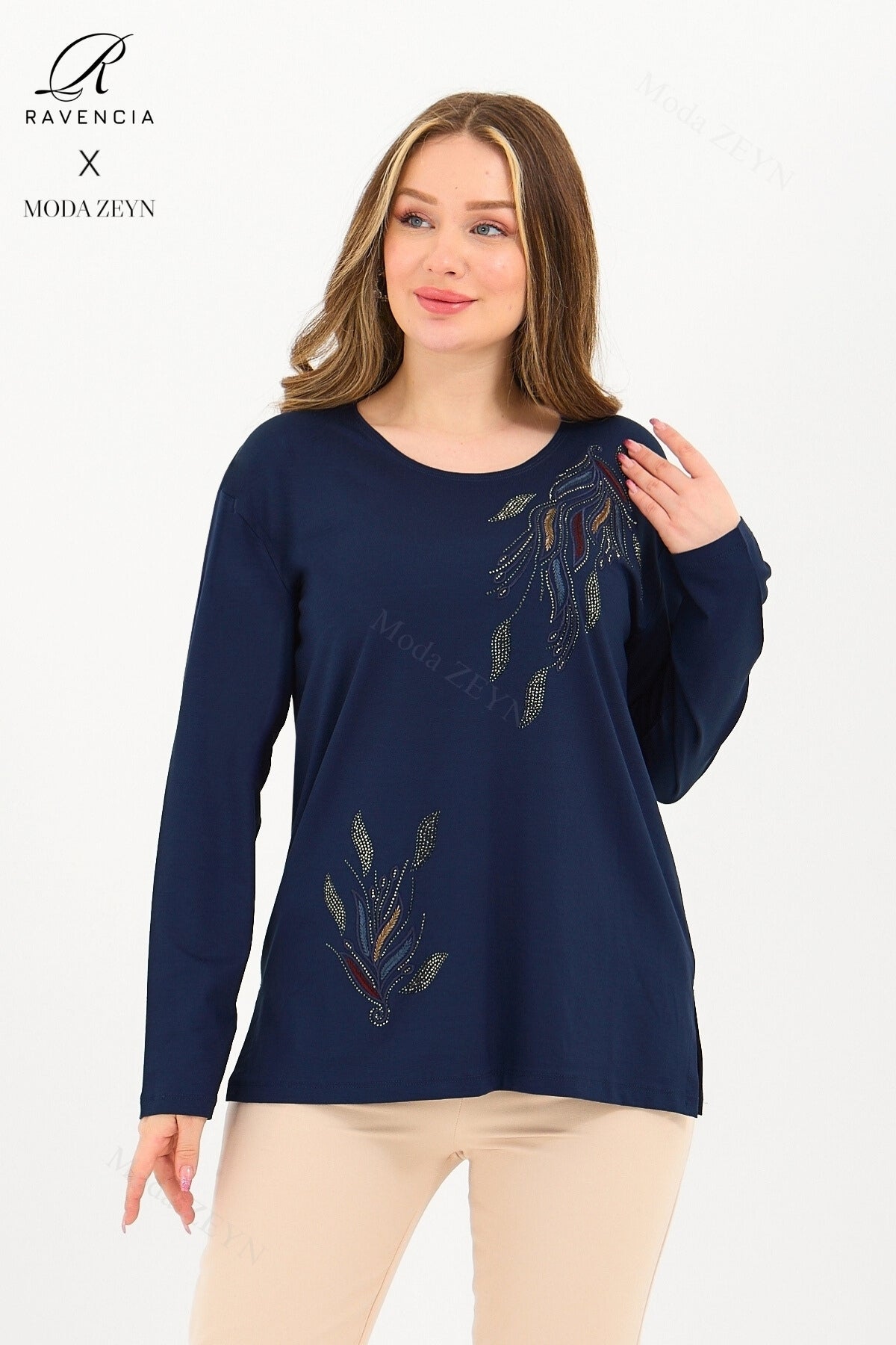 Kadın Viskon Renkli Yaprak Desen Taşlı İşlemeli Likralı Anne Penye Bluz