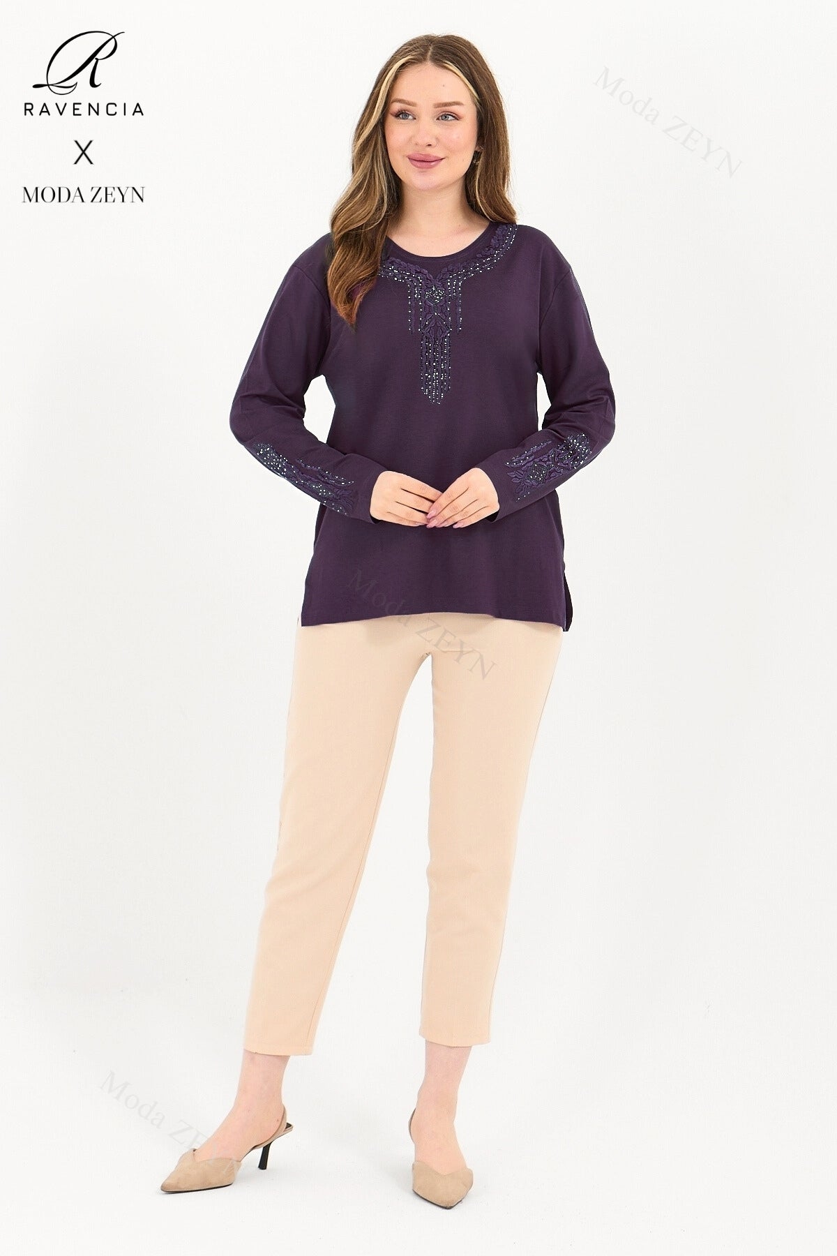 Kadın Orta Yaş Ve Üzeri Viskon Madolyon Desen Taşlı Işlemeli Likralı Anne Penye Bluz