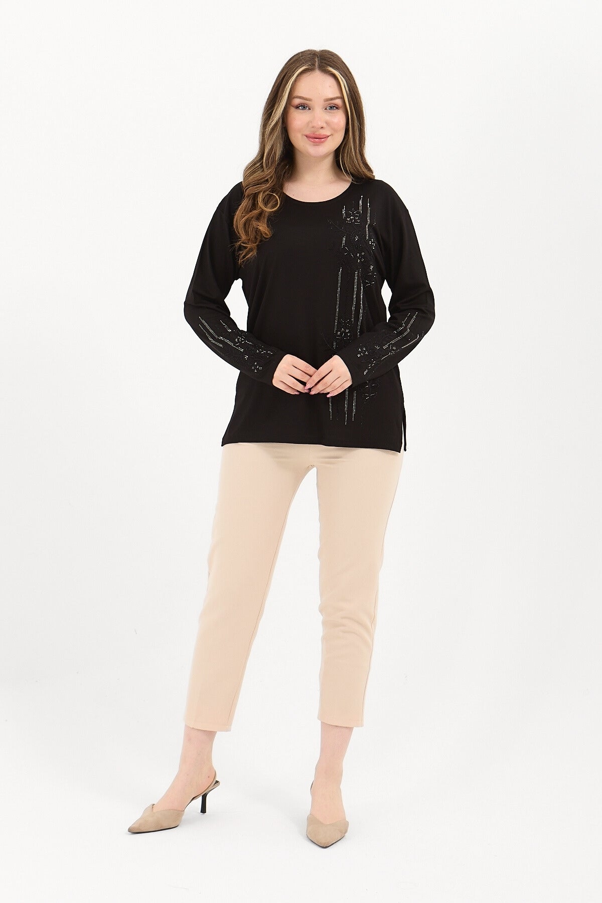 Kadın Kışlık Orta Yaş Ve Üzeri Viskon Şerit Desen Taşlı Işlemeli Likralı Anne Penye Bluz