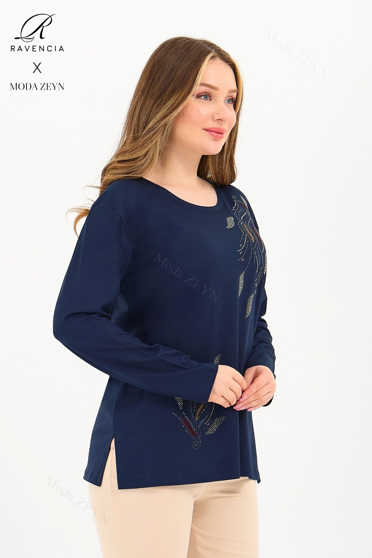 Kadın Orta Yaş Ve Üzeri Viskon Renkli Yaprak Desen Taşlı İşlemeli Likralı Anne Penye Bluz