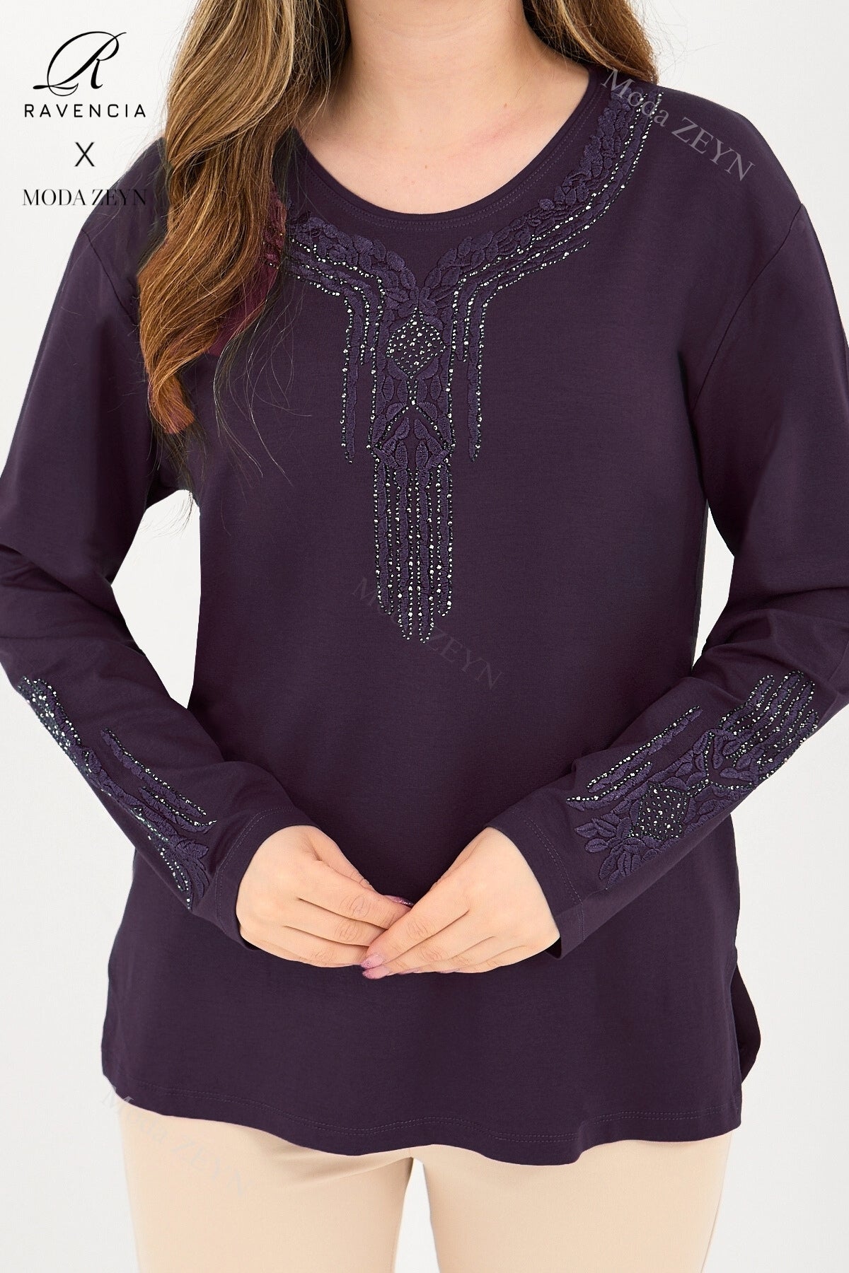 Kadın Orta Yaş Ve Üzeri Viskon Madolyon Desen Taşlı Işlemeli Likralı Anne Penye Bluz