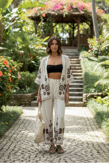 Kadın Çiçek Deseni Baskılı Kimano Pantolon Takım