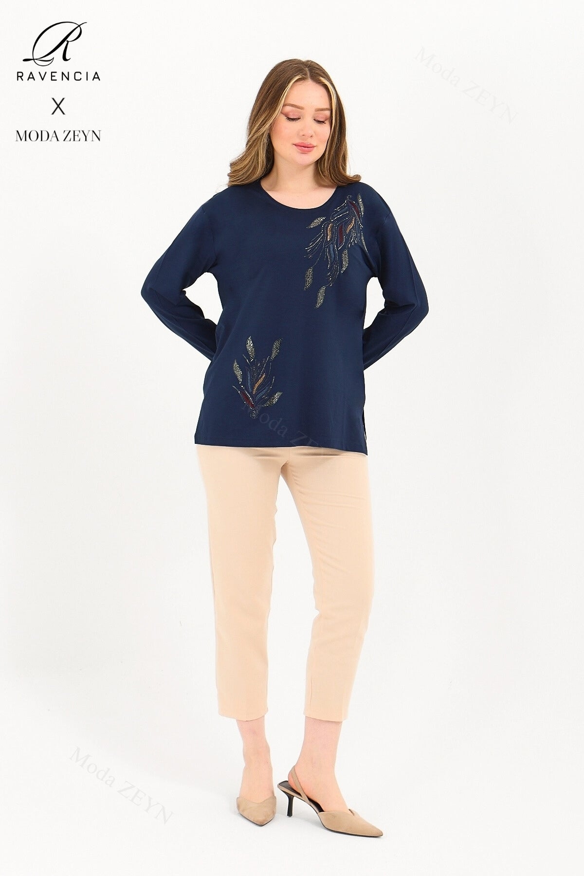 Kadın Orta Yaş Ve Üzeri Viskon Renkli Yaprak Desen Taşlı İşlemeli Likralı Anne Penye Bluz