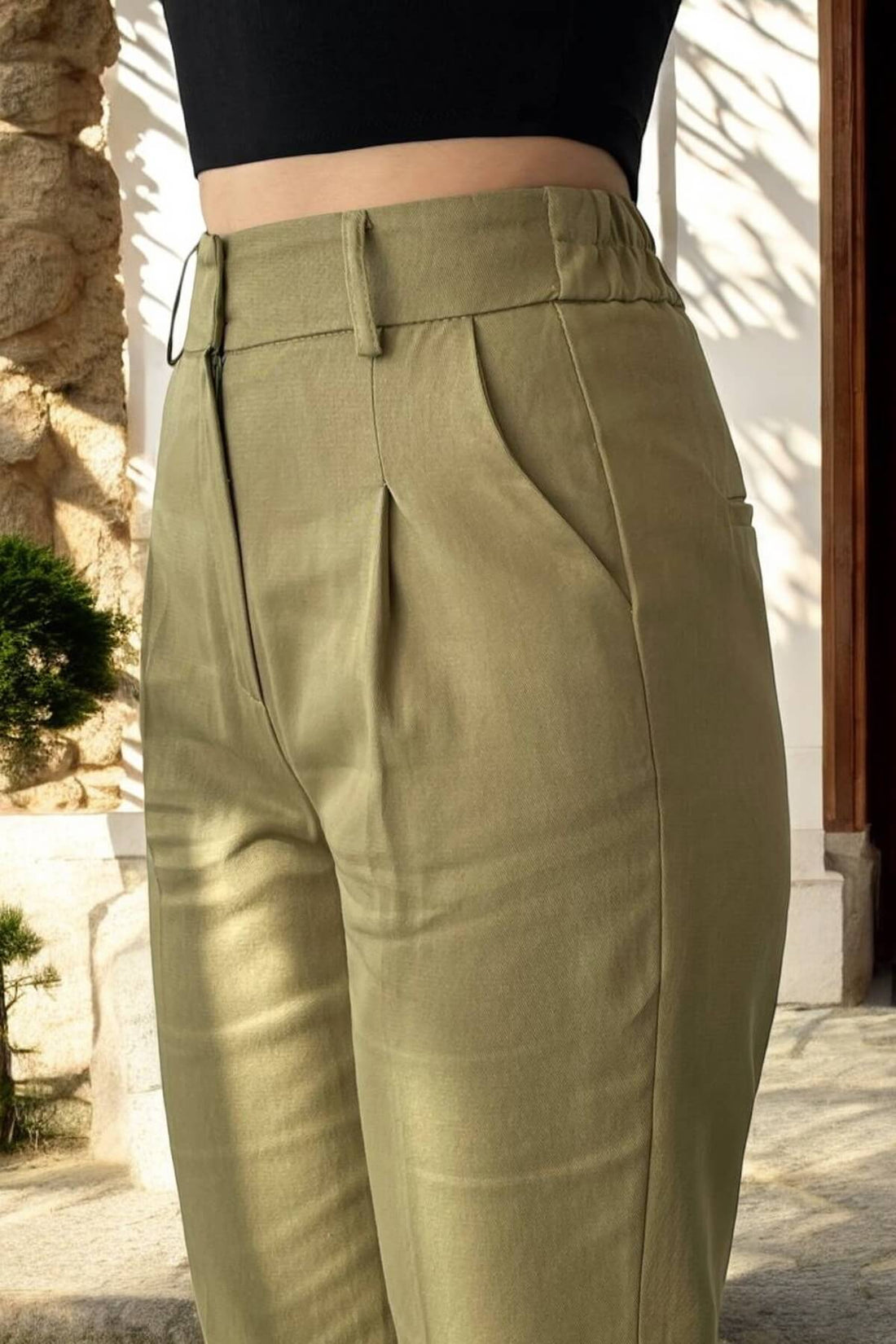 Kadın Yüksek Bel Pileli Haki Pantolon