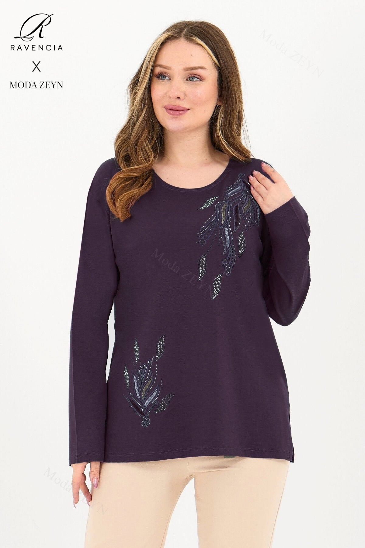 Kadın Orta Yaş Ve Üzeri Viskon Renkli Yaprak Desen Taşlı İşlemeli Likralı Anne Penye Bluz