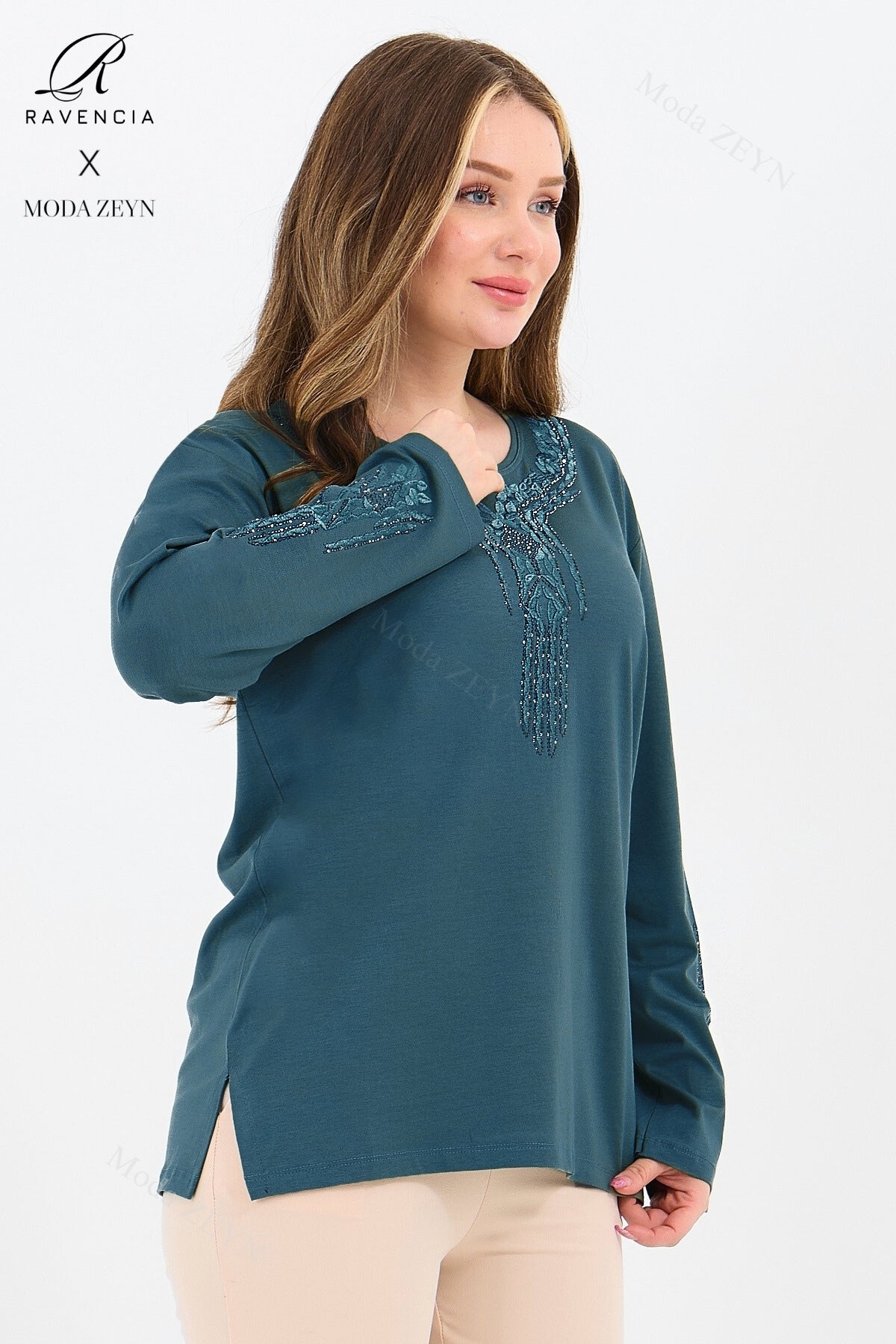 Kadın Orta Yaş Ve Üzeri Viskon Madolyon Desen Taşlı Işlemeli Likralı Anne Penye Bluz