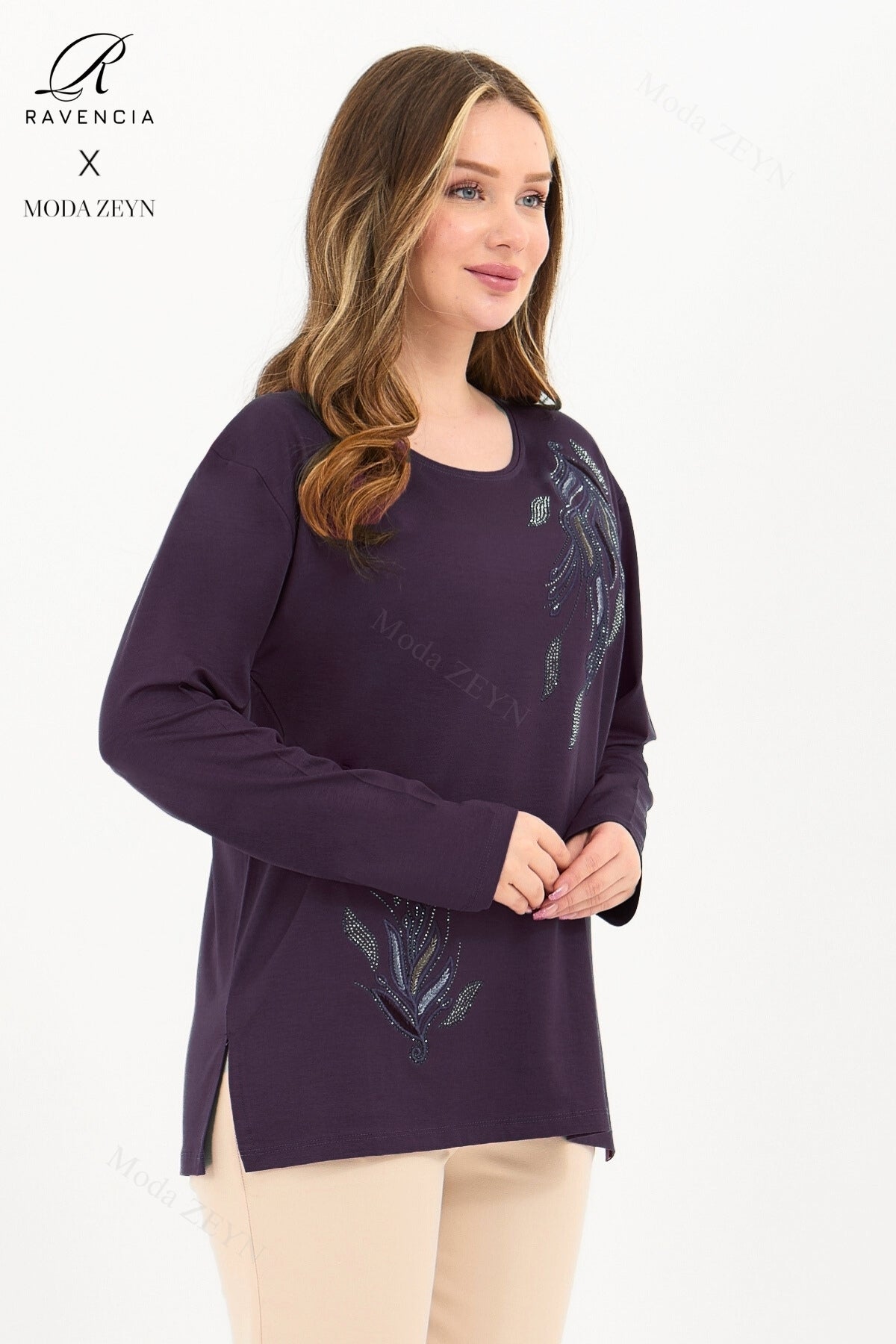 Kadın Orta Yaş Ve Üzeri Viskon Renkli Yaprak Desen Taşlı İşlemeli Likralı Anne Penye Bluz