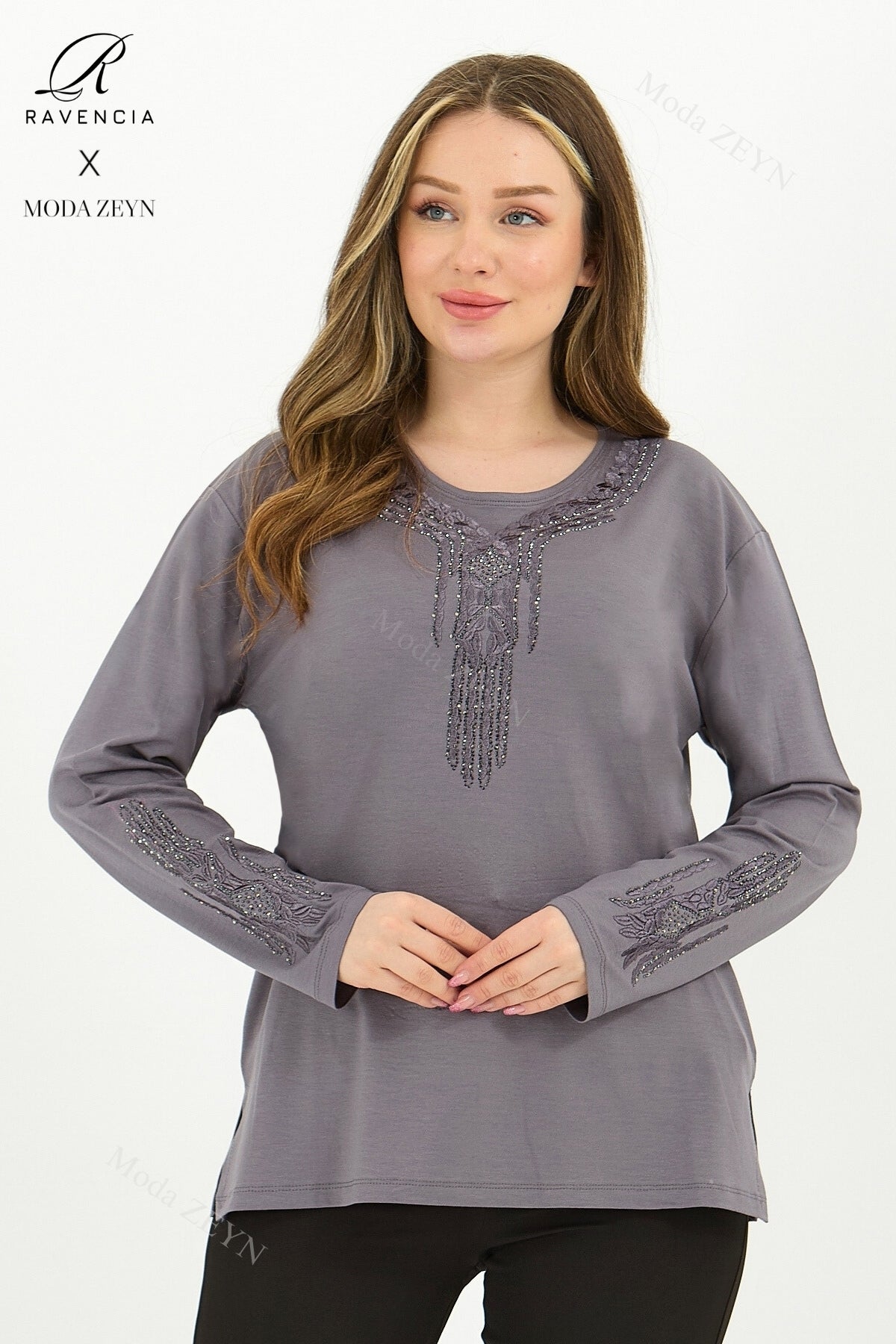 Kadın Orta Yaş Ve Üzeri Viskon Madolyon Desen Taşlı Işlemeli Likralı Anne Penye Bluz